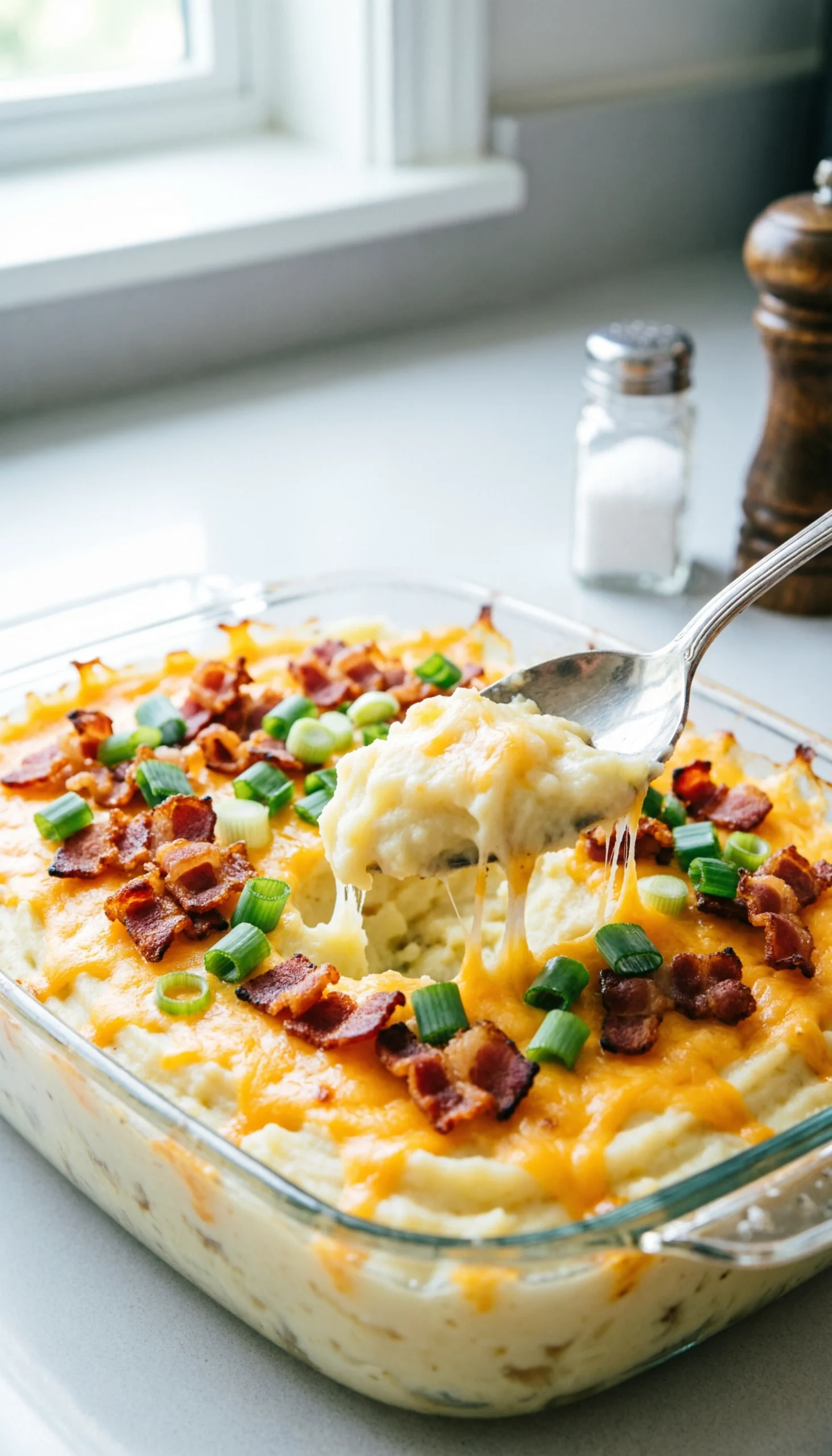 Loaded baked potato casserole with melted cheddar cheese, crispy bacon, and green onions in a glass dish.