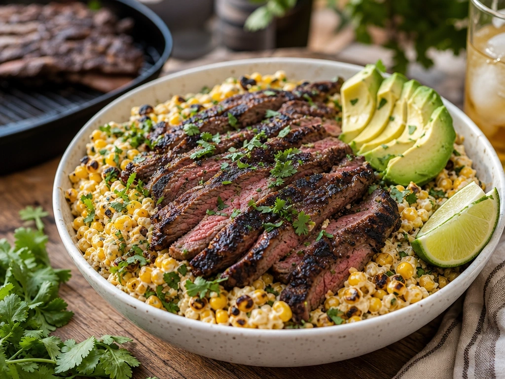 Loaded carne asada street corn bowl with creamy charred corn salad, medium-rare steak, fresh avocado slices, and lime wedges.