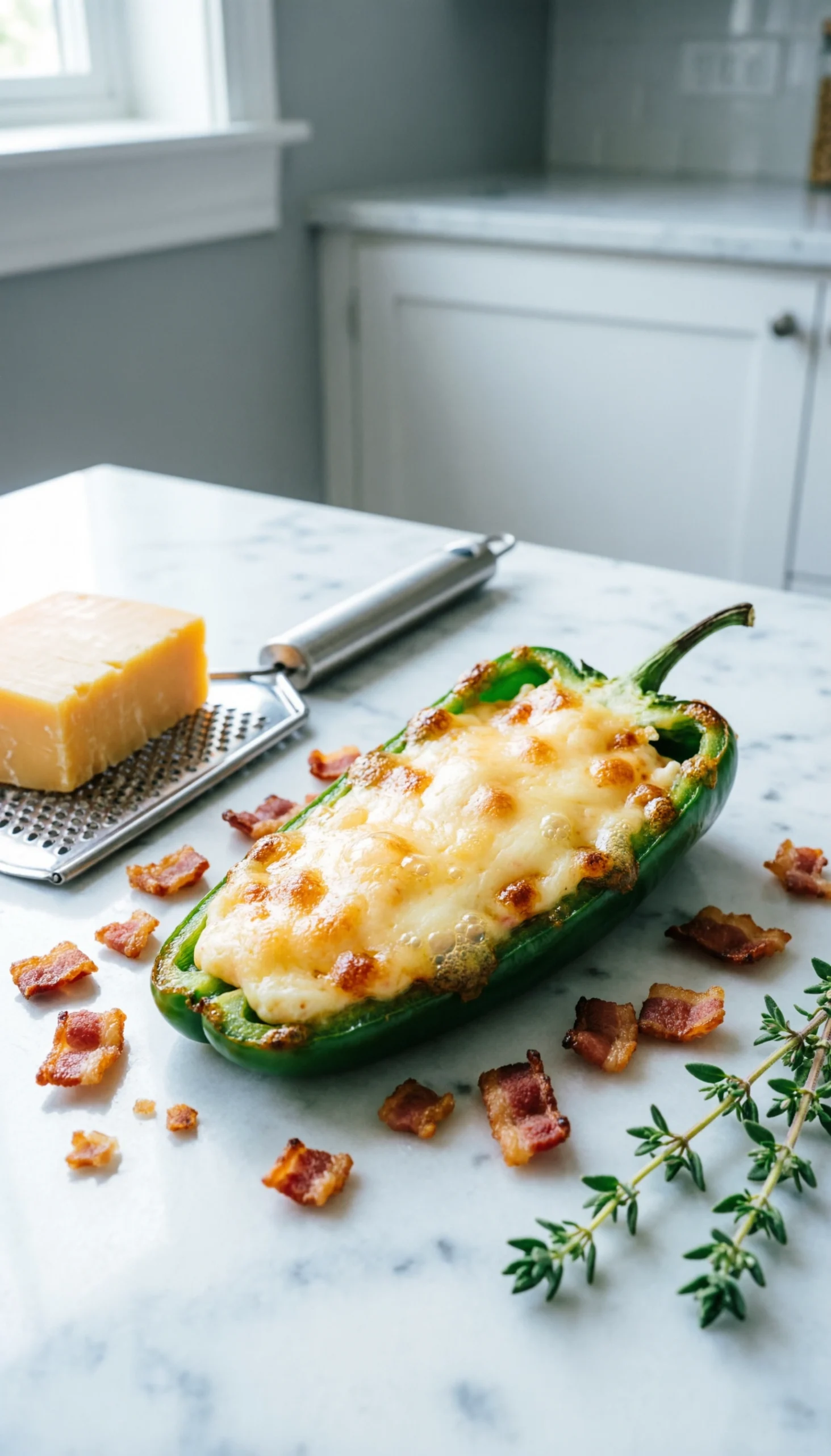 Low carb keto jalapeno poppers topped with a three-cheese blend and bacon crumbles on a white marble countertop.