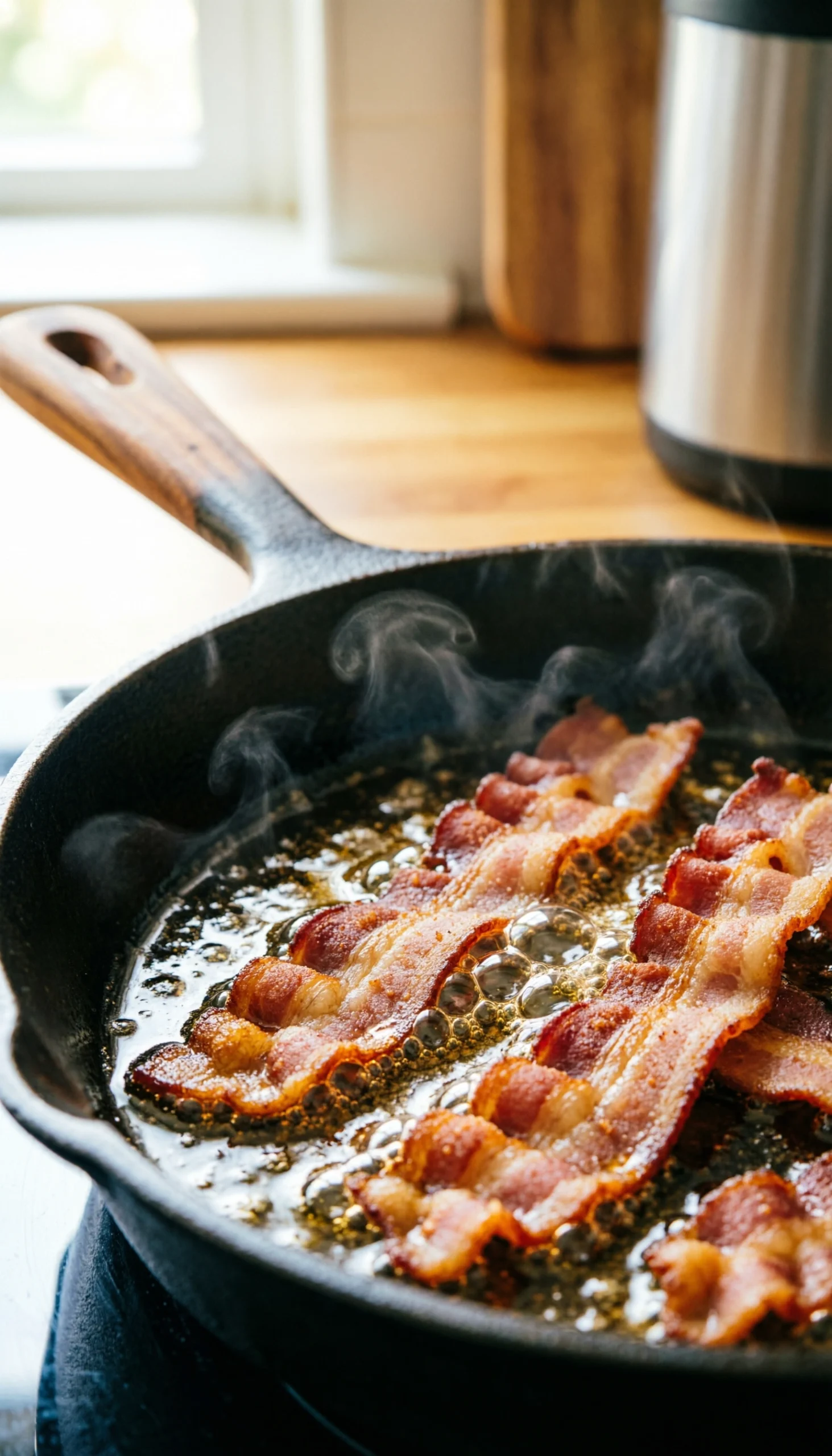 Macro detail of golden-brown bacon pieces sizzling and rendering fat in a dark cast iron pan with dramatic lighting.