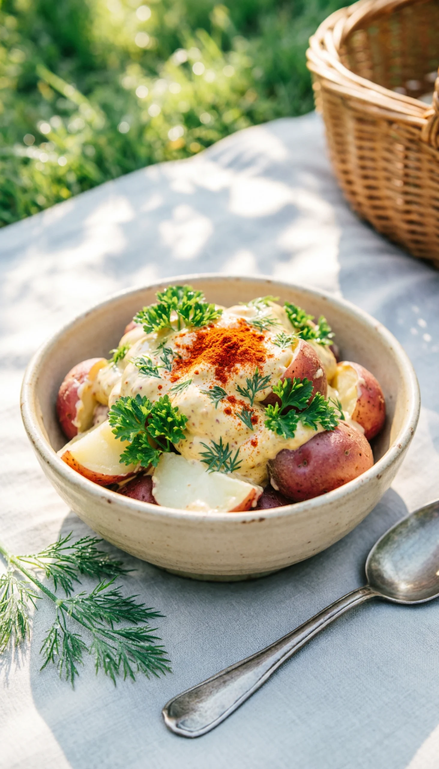 Macro shot of creamy red potato salad with dill and paprika in a rustic bowl on a linen cloth, set for a summer picnic.
