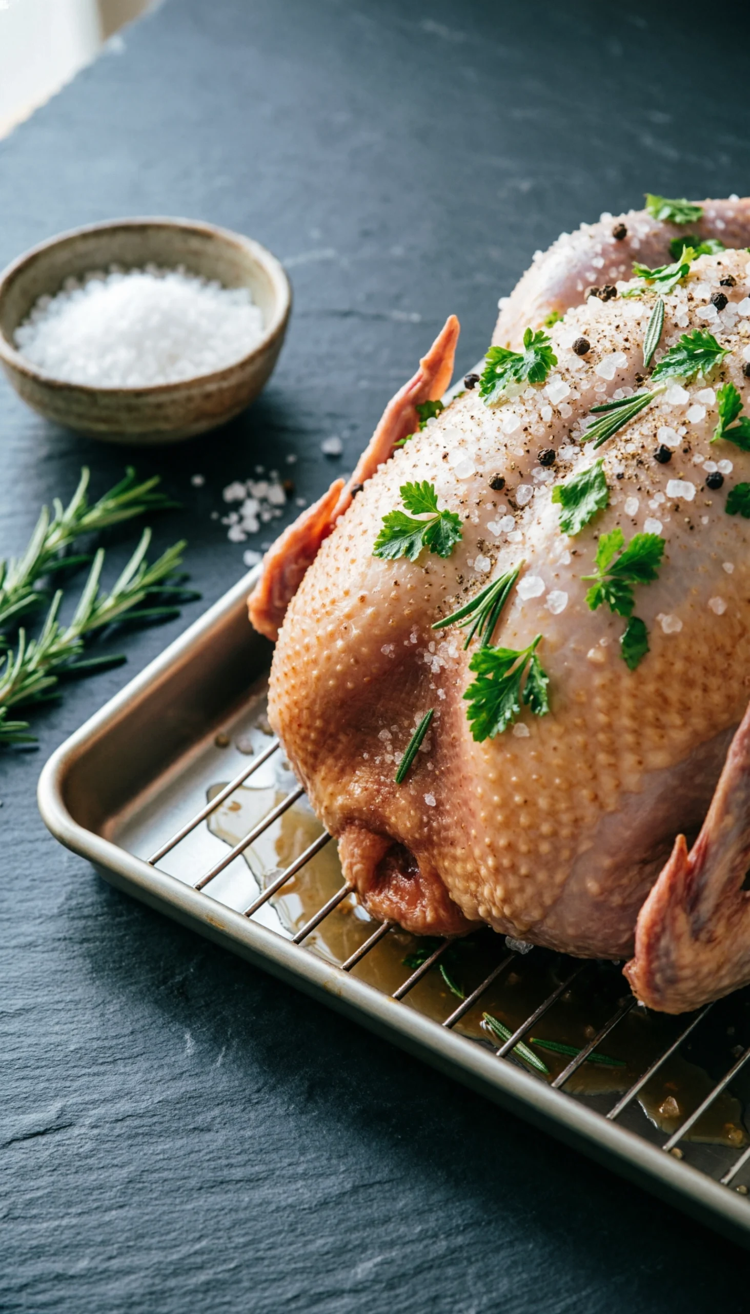 Macro view of raw turkey skin being dry brined with coarse kosher salt and fresh herbs on a wire roasting rack.