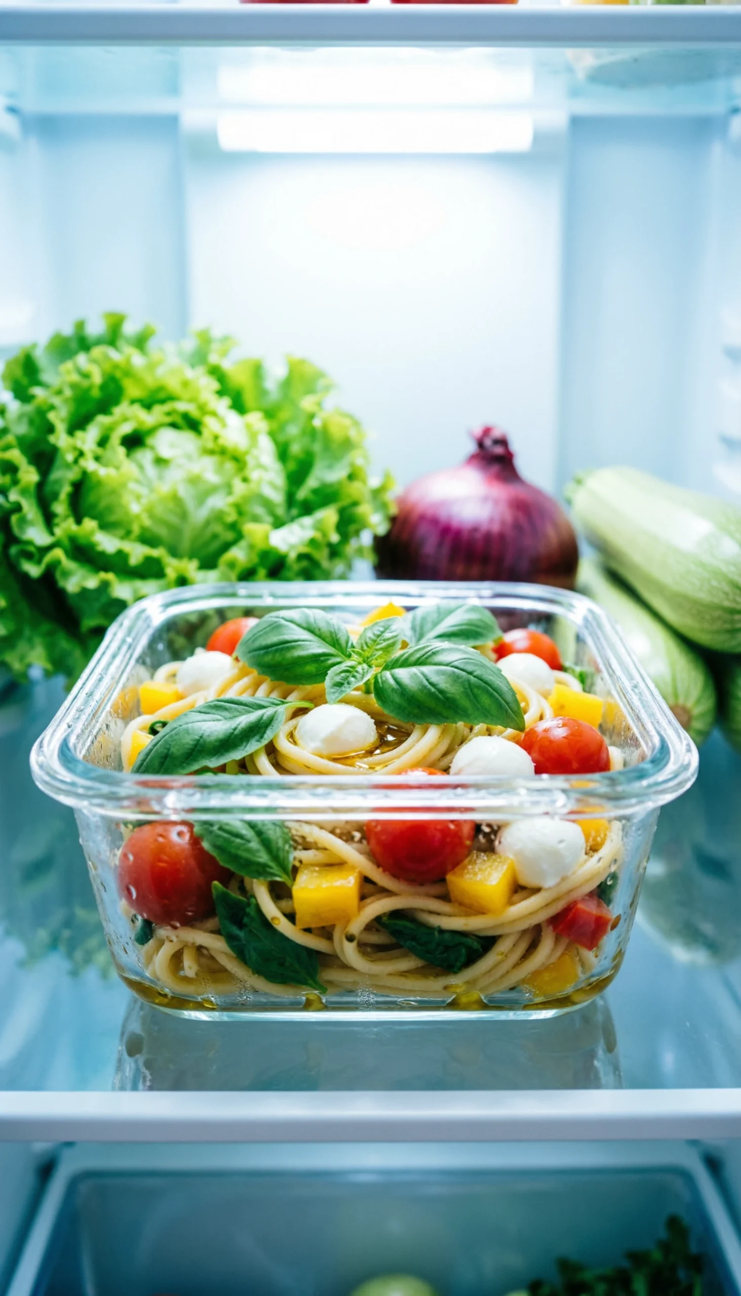 Marinated pasta salad meal prep stored in an airtight glass container on a bright, organized refrigerator shelf.
