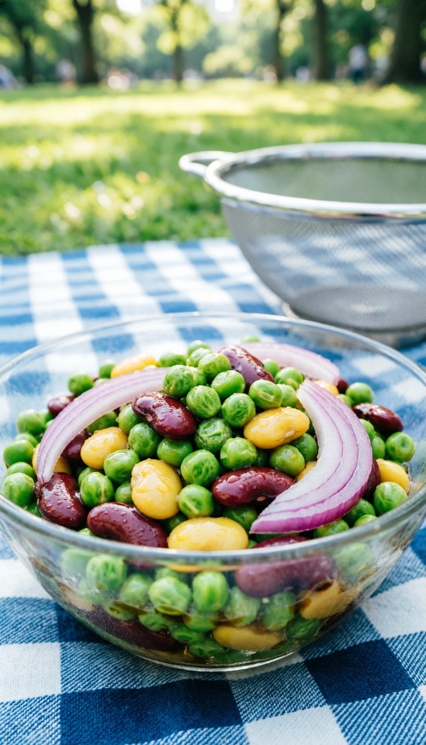 Marinated three bean salad with green, wax, and kidney beans in a vintage glass bowl on a picnic blanket.