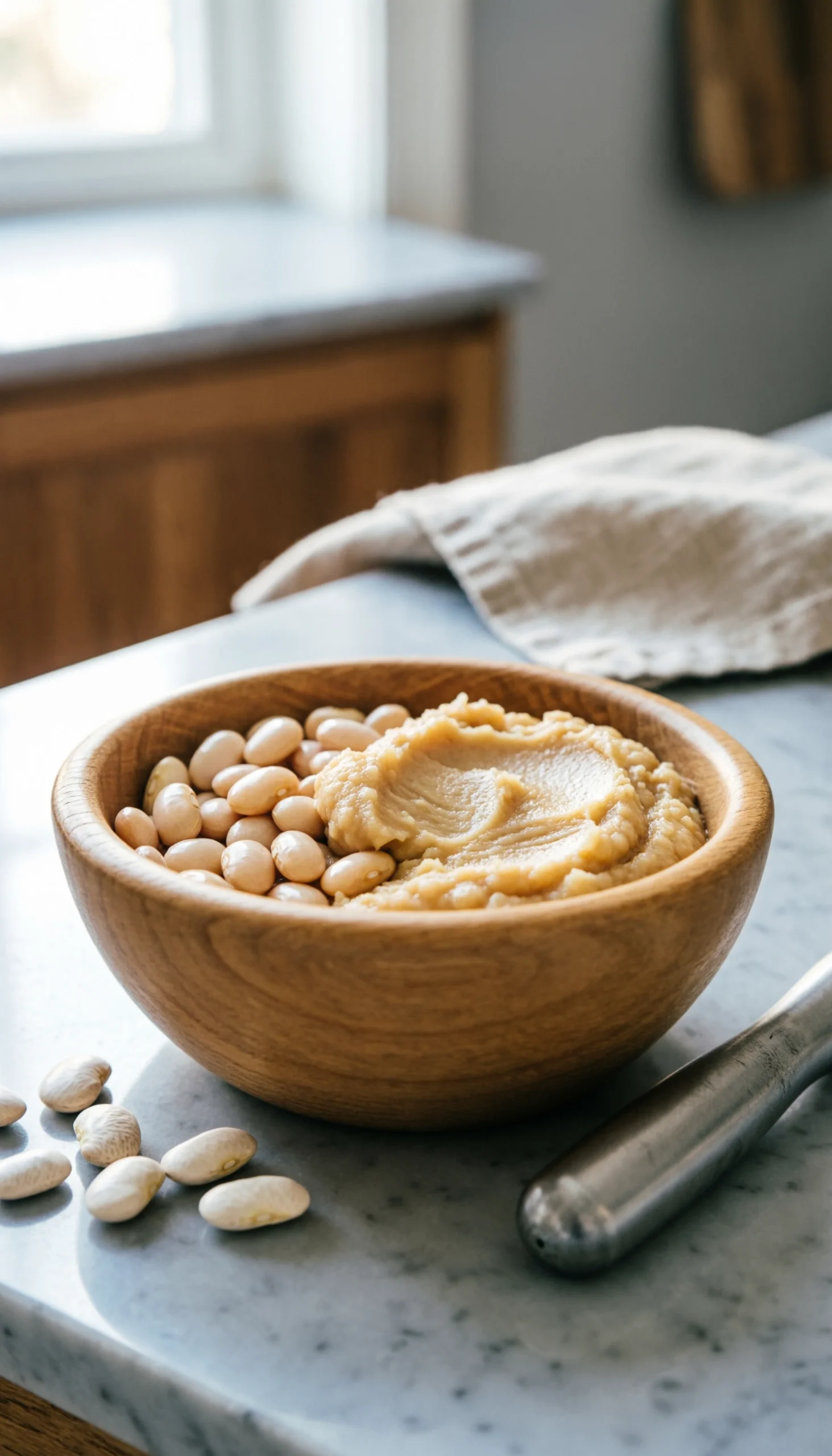 Mashing creamy cannellini beans in a rustic wooden bowl on a marble countertop for healthy white bean turkey chili.