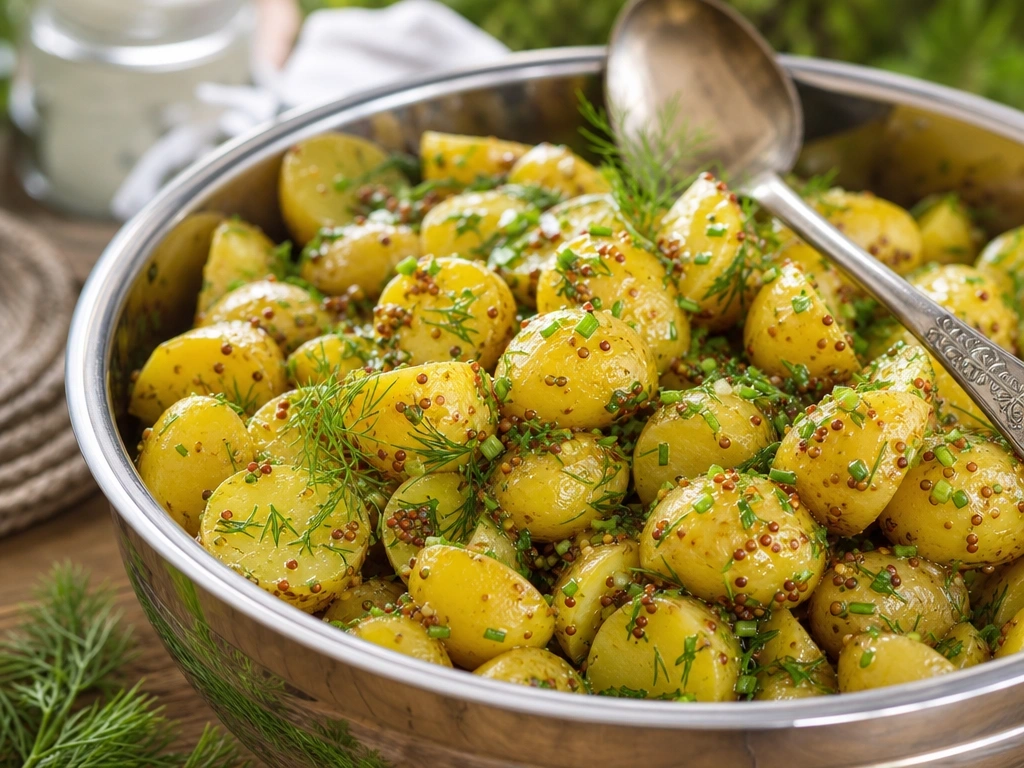 Mayo-free potato salad with golden baby potatoes and fresh dill in a stainless steel bowl on a rustic wood table.