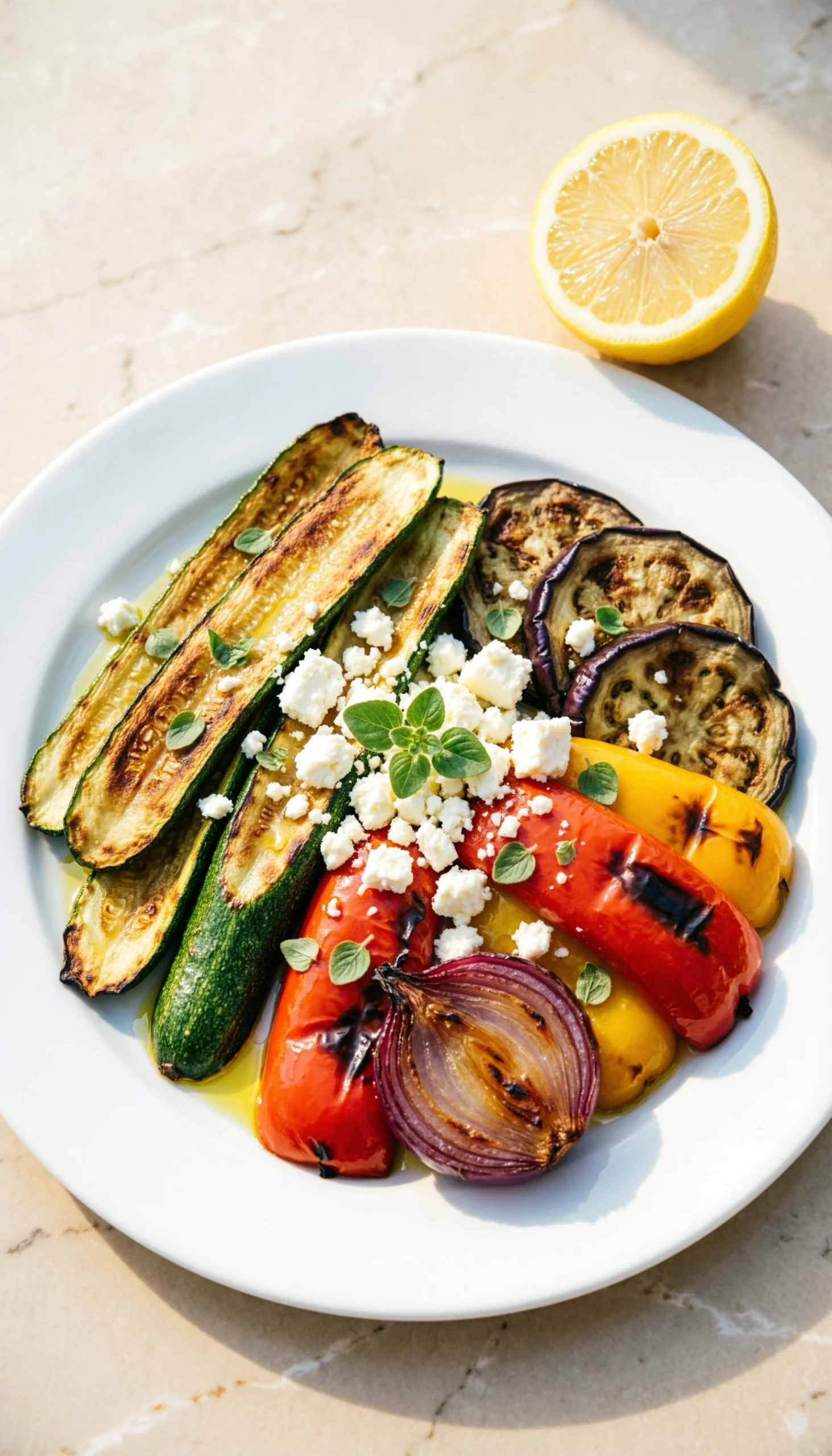 Mediterranean grilled vegetable medley with feta cheese and olive oil on a large white serving platter.