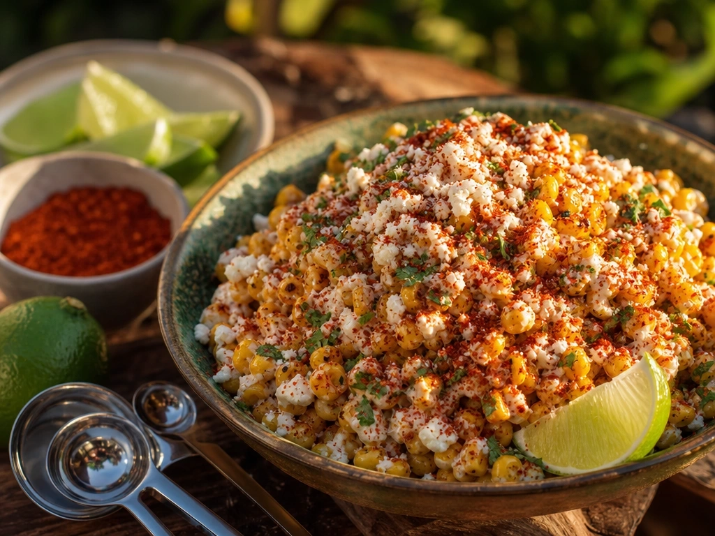 Mexican street corn salad with chili powder, cotija cheese, and lime wedges on a rustic wooden patio table.