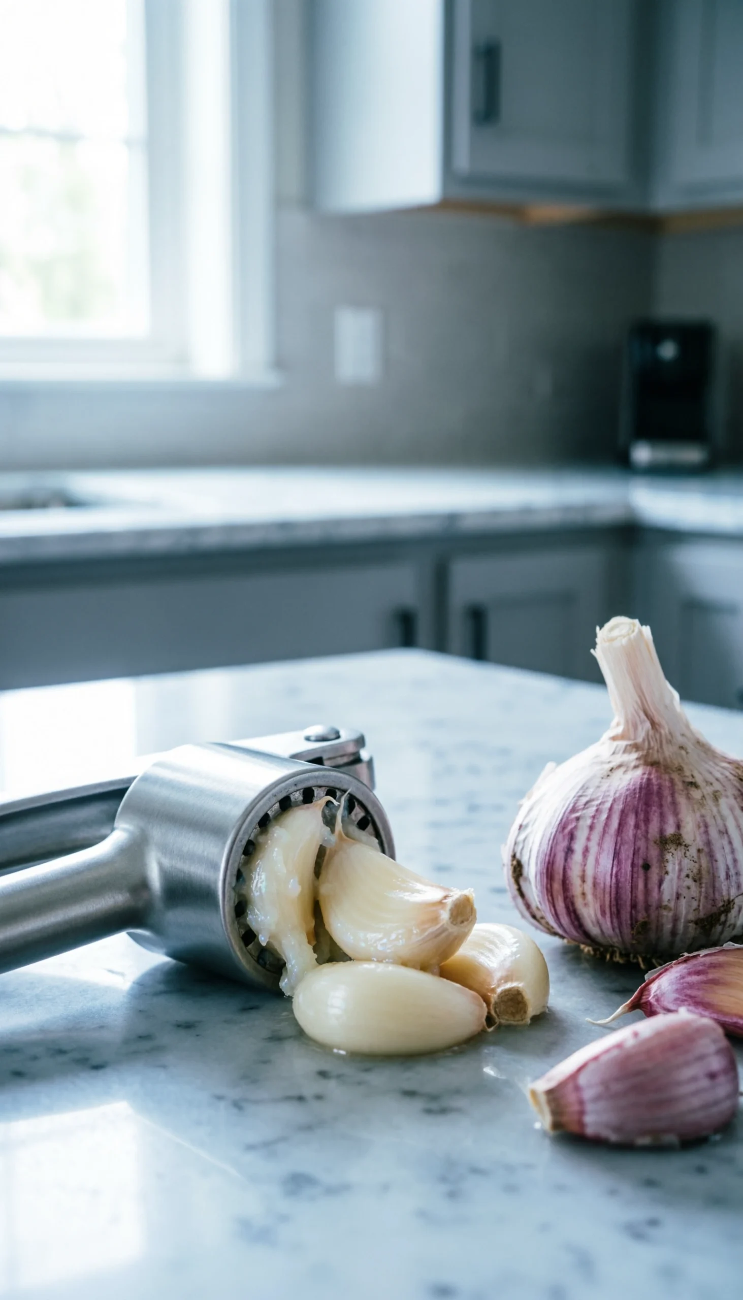 Minced garlic cloves being pressed in a stainless steel garlic press on a marble countertop with soft natural light.