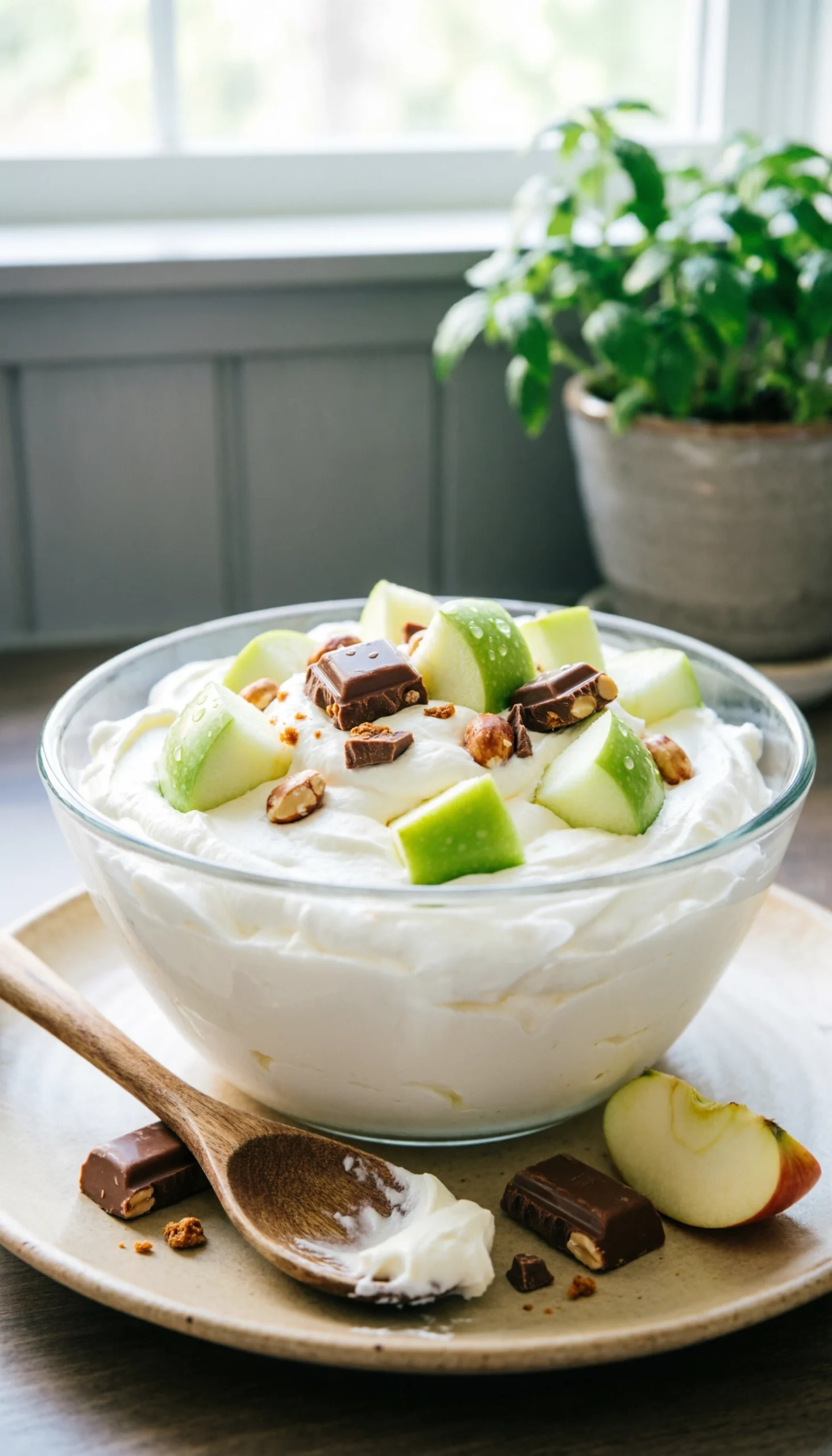 Mixing diced green apples and Snickers candy pieces into creamy vanilla fluff in a glass bowl for a dessert salad.