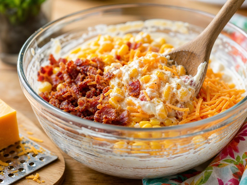 Mixing fresh corn salad with crispy bacon and cheddar cheese in a glass bowl using a traditional wooden spoon.