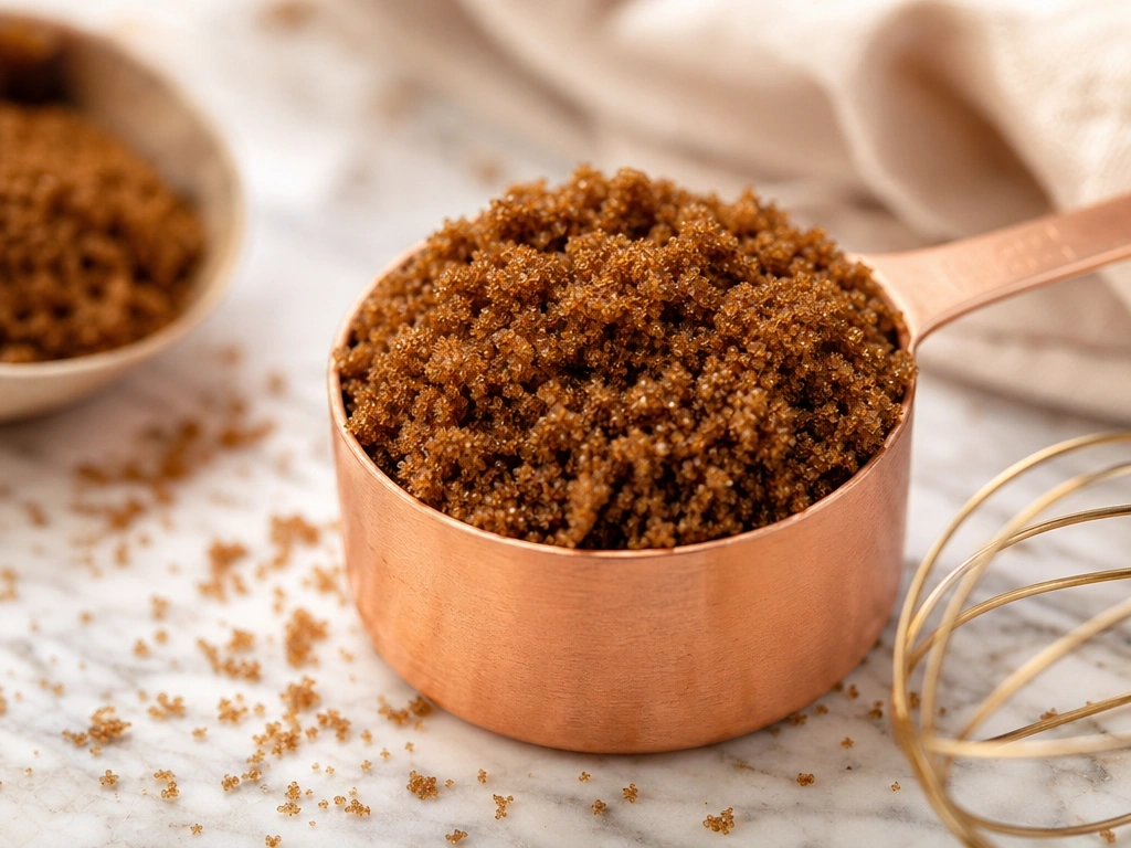 Moist dark brown sugar in a copper measuring cup on a marble countertop, detailed macro food photography.
