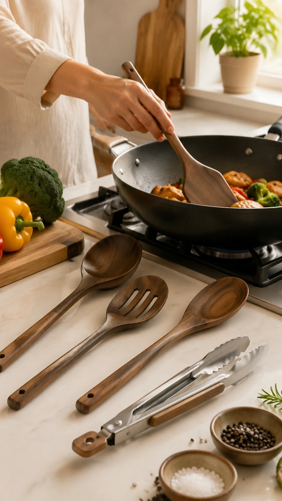 Close-up of The Monarch spatula actively flipping food in a non-stick pan