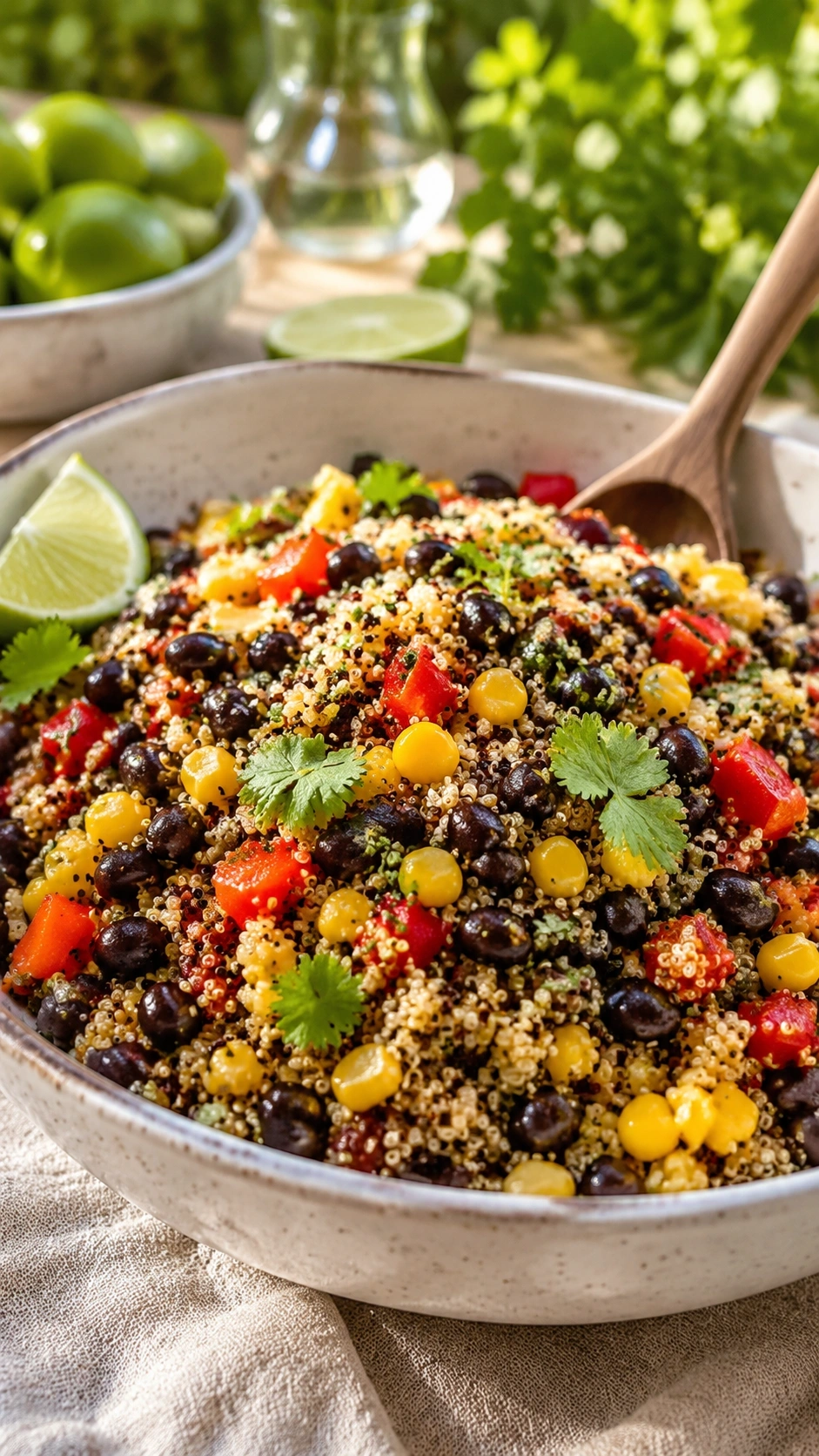 Nutty quinoa and black bean salad with corn and red peppers in a ceramic bowl on a summer patio dining table.