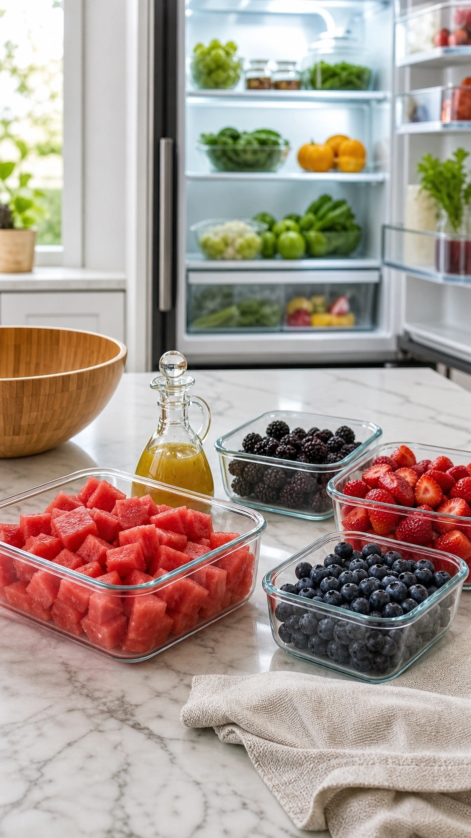 Organized fruit salad meal prep with watermelon and berries in glass containers on a white marble countertop.