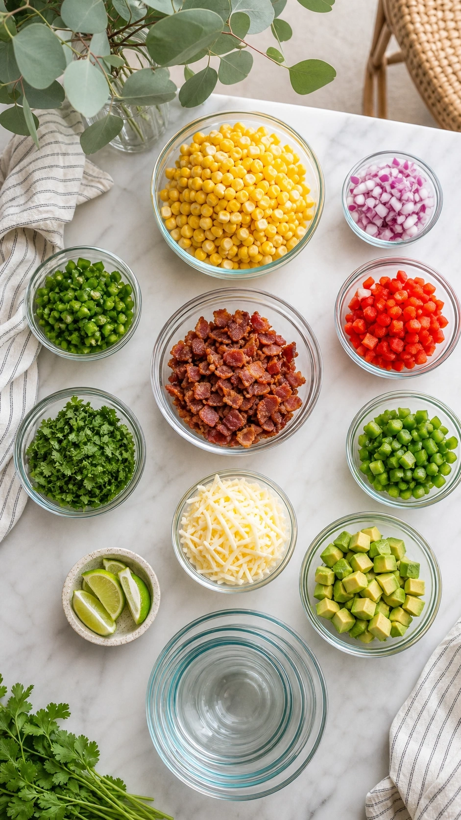 Organized meal prep glass bowls containing separate corn, bacon, jalapeños, and cheese on a marble counter.