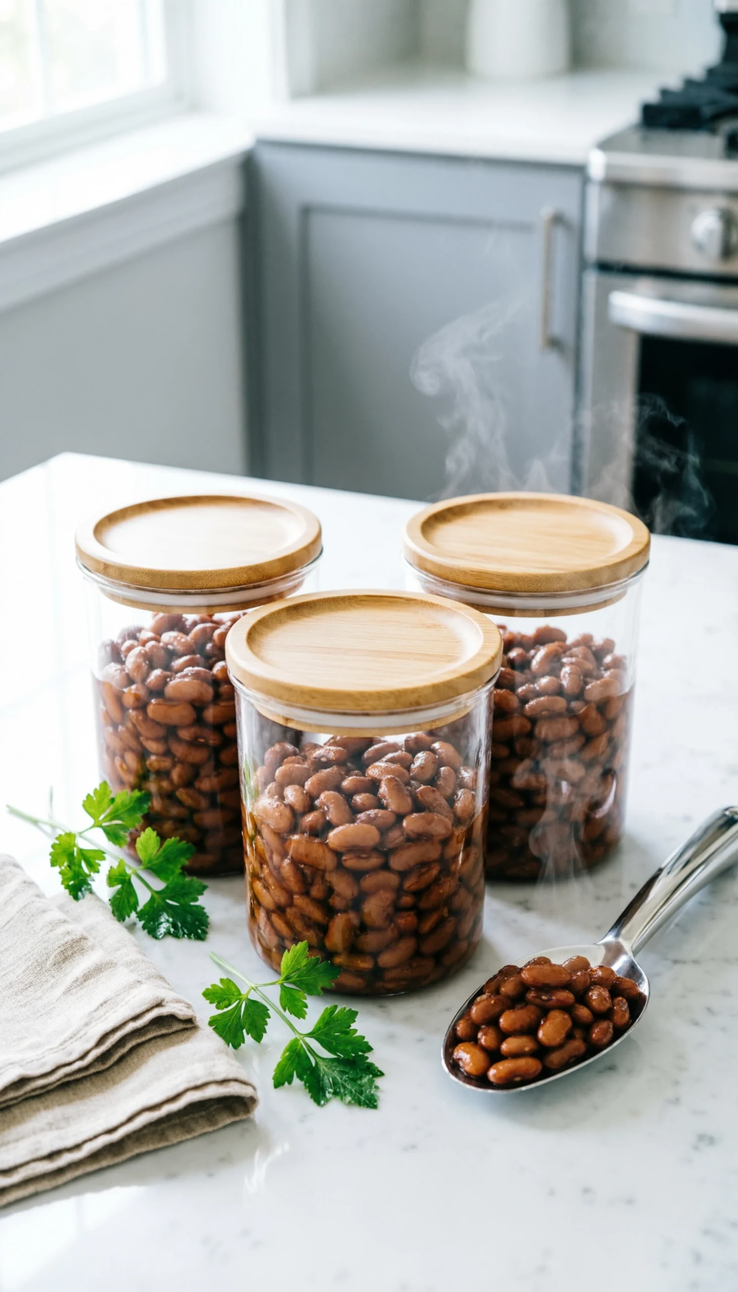 Organized meal prep glass containers filled with Dr Pepper baked beans and bamboo lids on a white marble countertop.