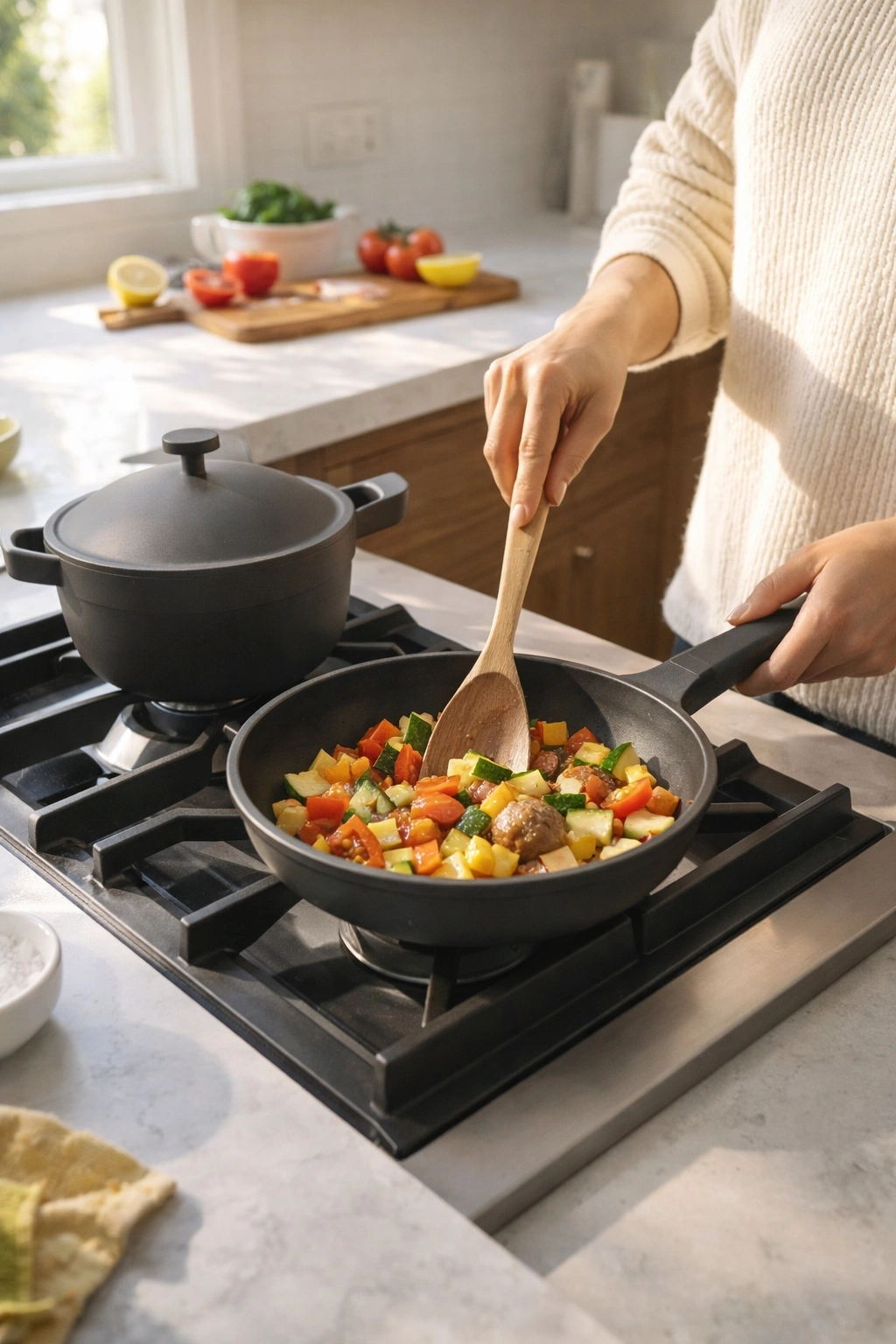 Original photo showing the Mini Always Pan being used to fry an egg, alongside a timer and an induction cooktop