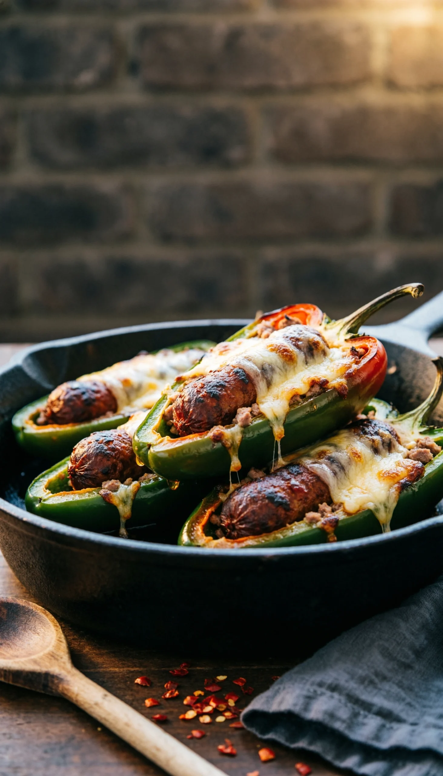 Oven baked sausage stuffed jalapeno poppers with melted cheese served in a rustic cast iron skillet with spices.