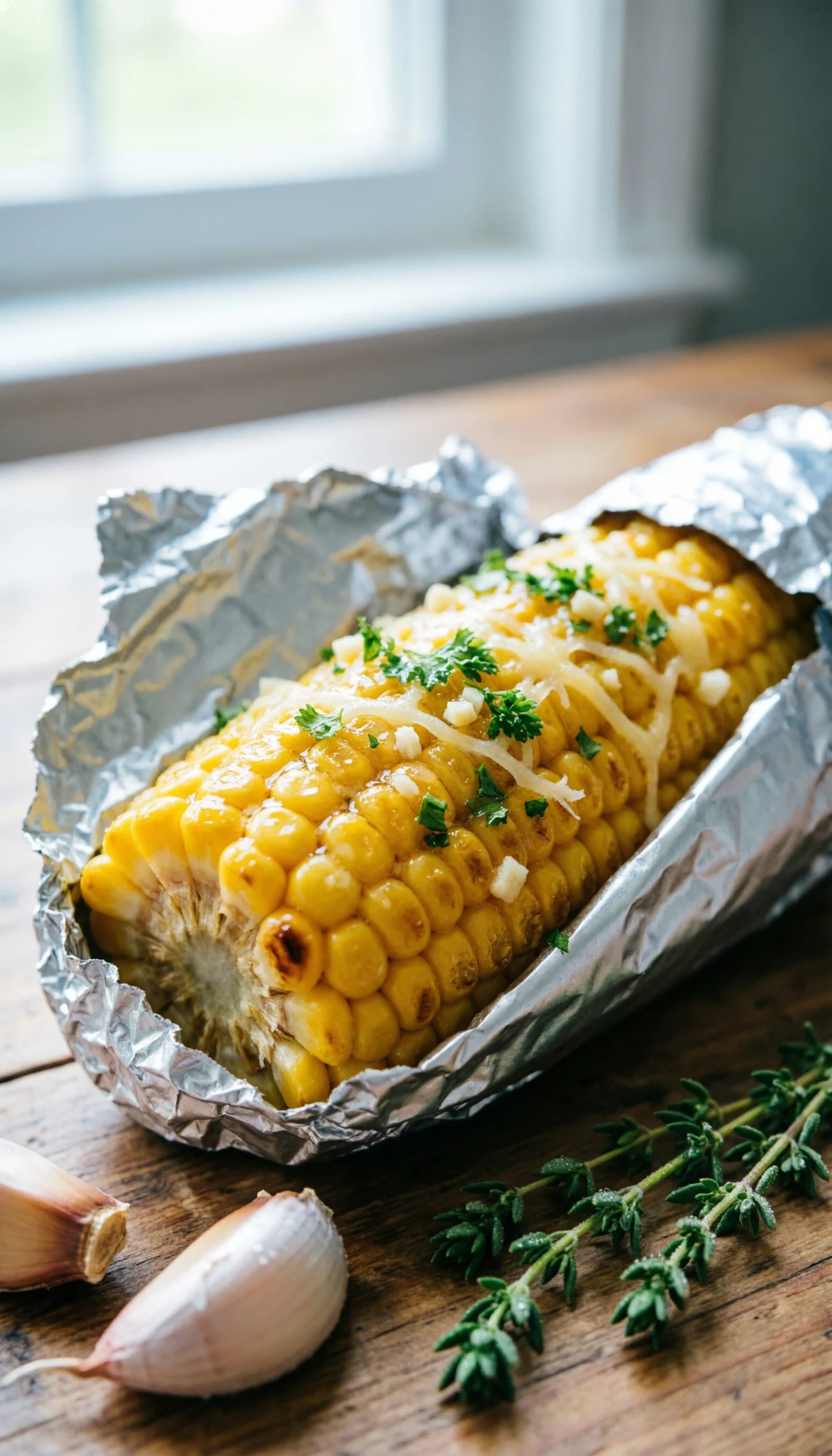 Partially unwrapped foil-roasted corn on the cob, swimming in herb garlic butter and melted parmesan on a wooden table.