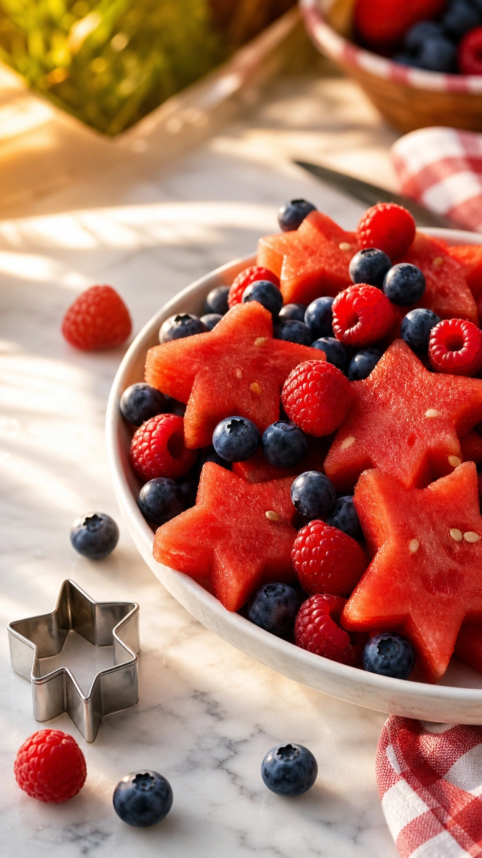 Patriotic star-shaped watermelon salad with blueberries and raspberries served on a white marble kitchen counter.
