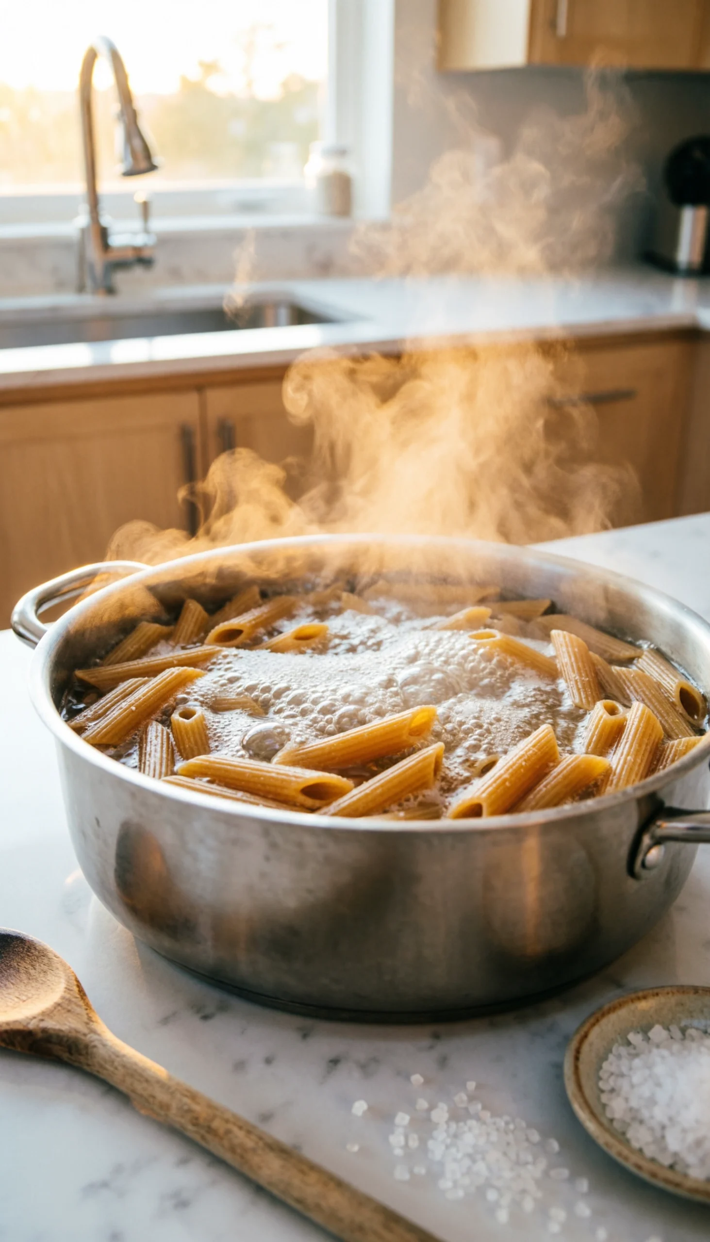 Penne pasta boiling in a stainless steel pot with rising steam on a marble countertop in a bright kitchen setting.