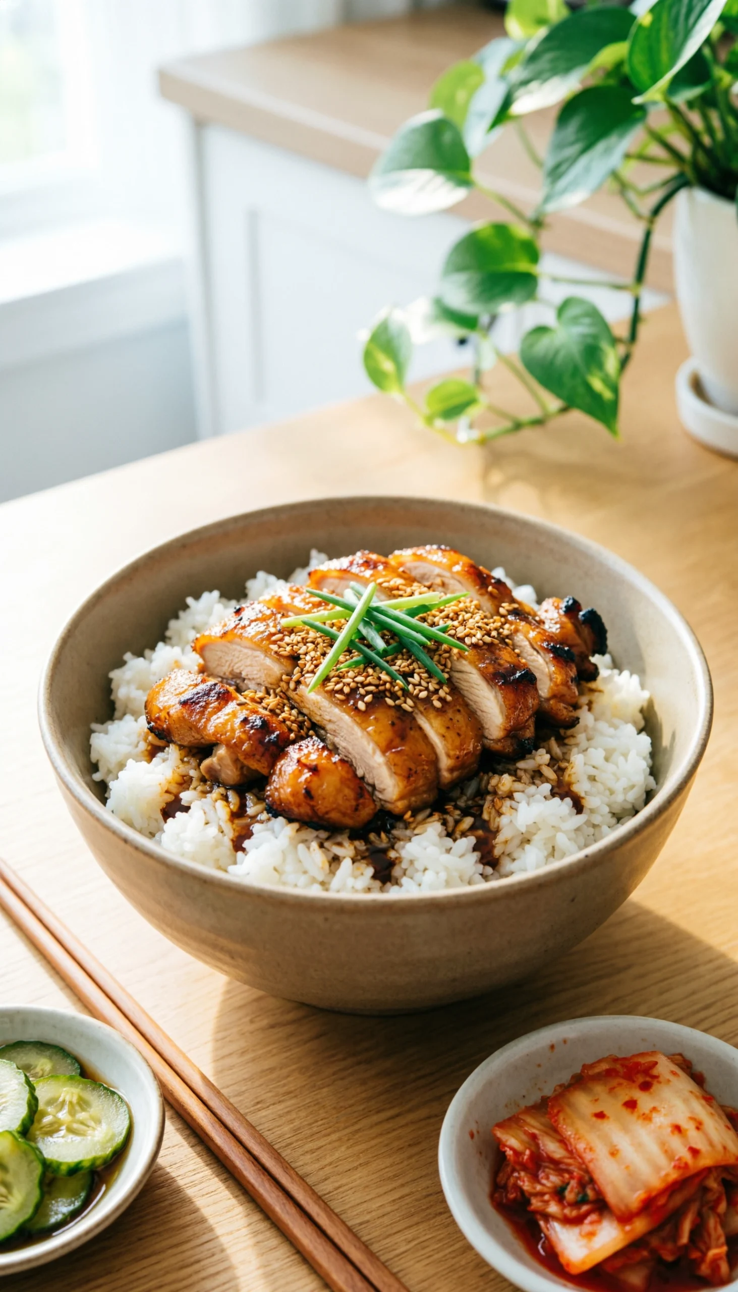 Plated Korean BBQ chicken bowl with white rice, sesame seeds, and scallions on a rustic wooden dining table.