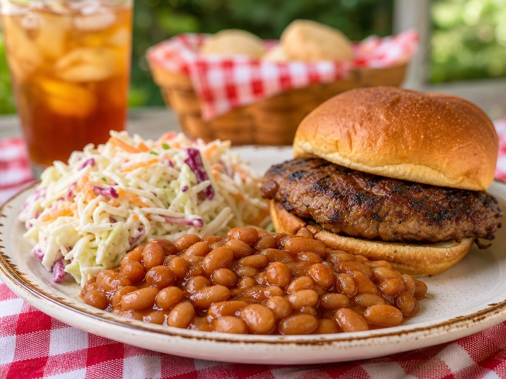 Plated baked beans served with a grilled burger and fresh coleslaw on a picnic plate in an outdoor setting.