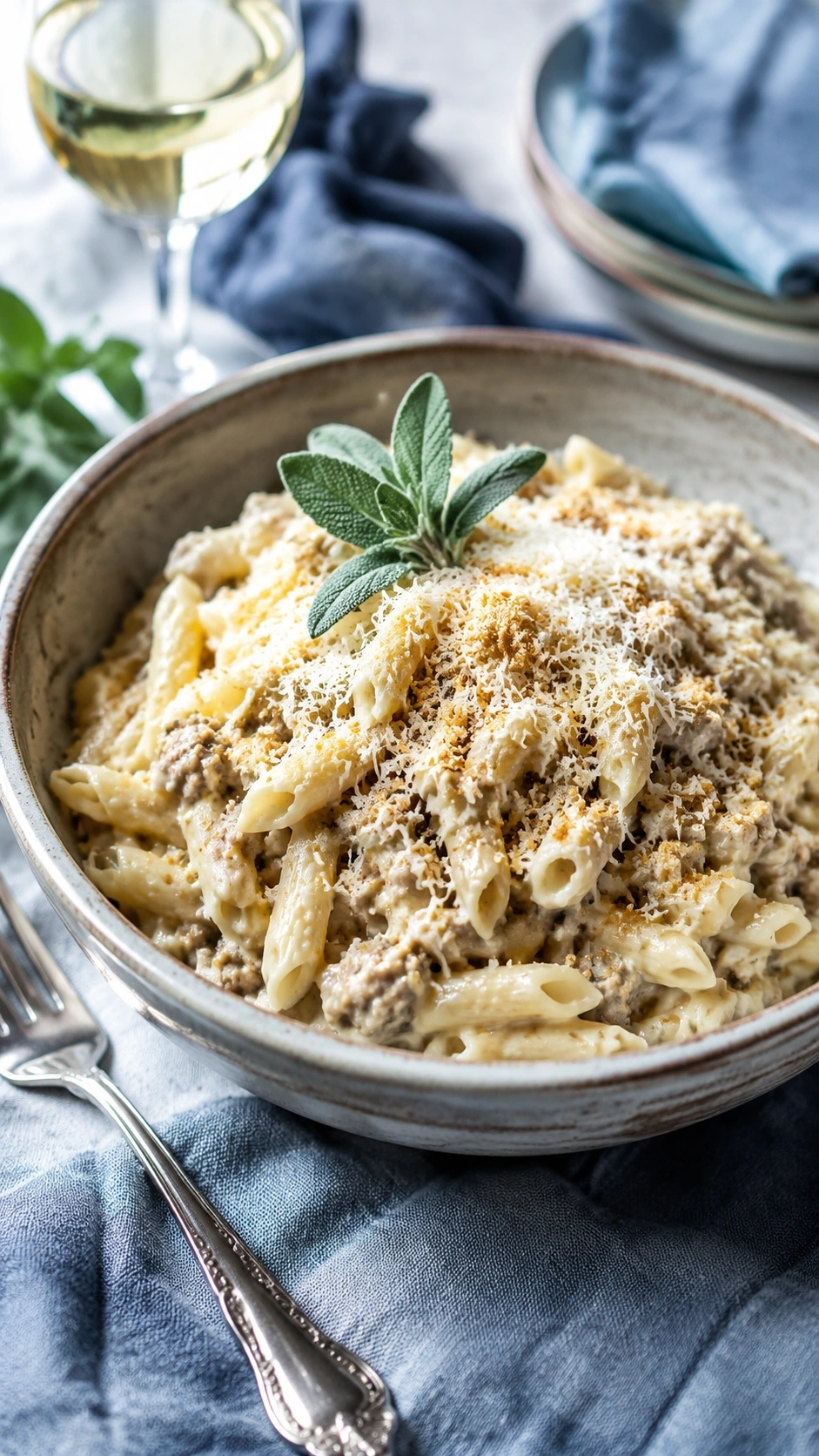 Plated creamy turkey penne pasta topped with crispy panko and parmesan in a rustic bowl on a white linen tablecloth.