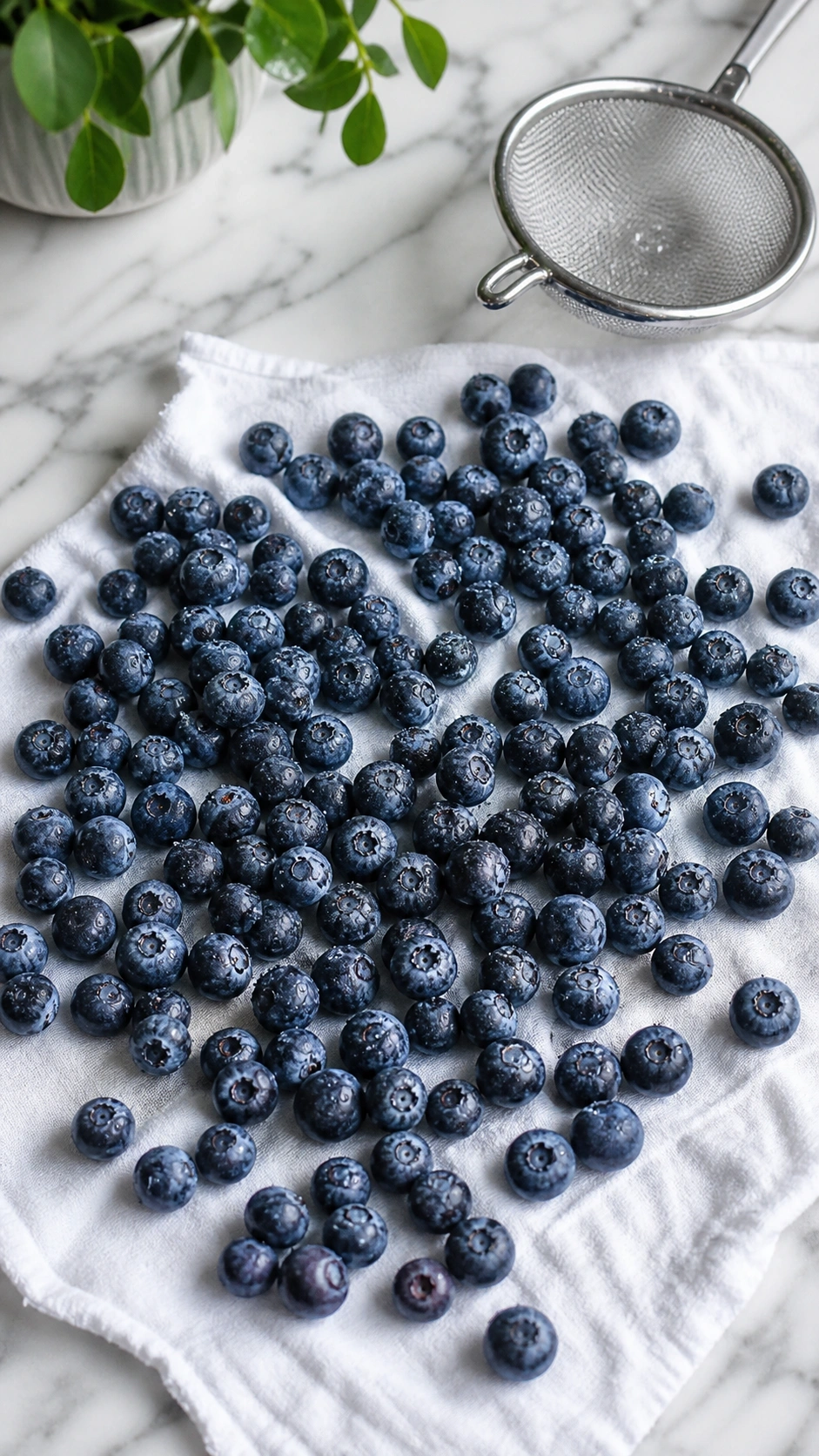 Plump, deep indigo blueberries with water droplets dry on a crisp white linen towel next to a strainer on a marble counter.