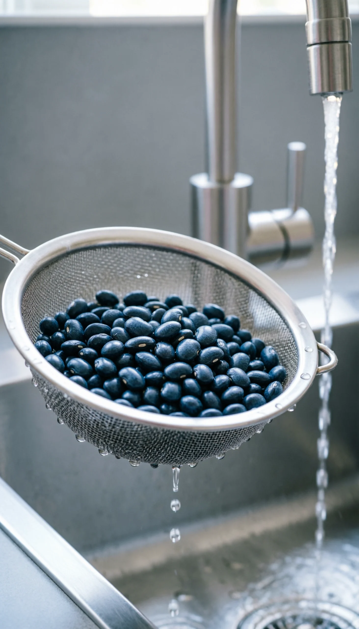 Plump navy beans being strained in a stainless steel colander over a sink with bright, clean daylight illumination.