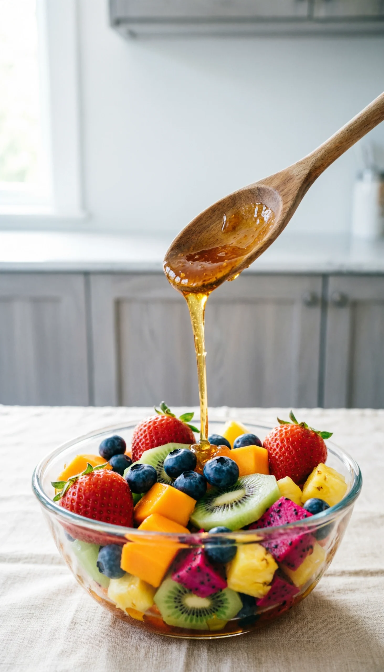 Pouring sweet honey lime dressing over a bowl of mixed berries, kiwi, and pineapple for a vibrant rainbow fruit salad.