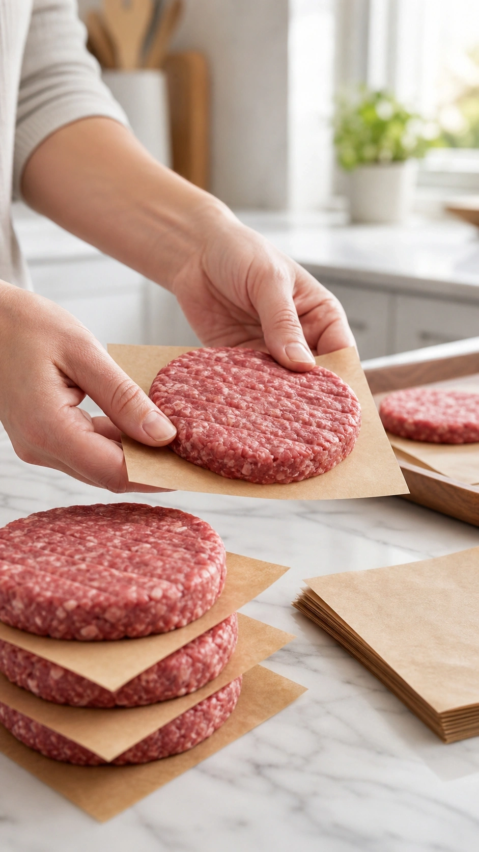 Testing setup showing raw ground beef stacked with V-TOP pre-cut patty paper being placed in vacuum sealer bags