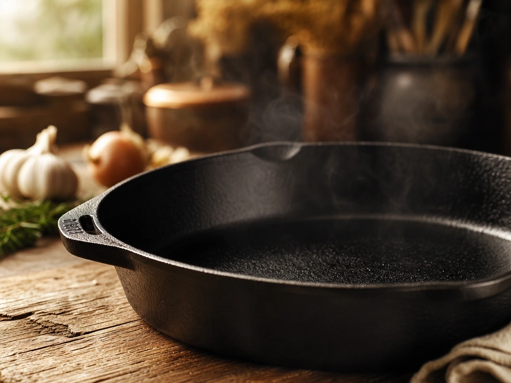 Professional close-up of a seasoned black cast iron skillet on a rustic wooden table with warm golden hour lighting.