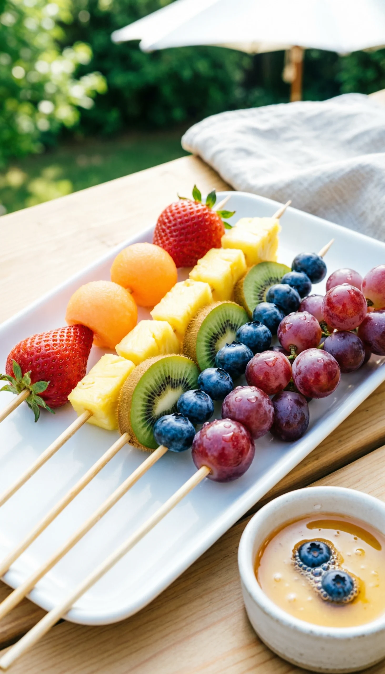 Rainbow fruit skewers with strawberries, pineapple, and kiwi on a white platter for a healthy summer picnic refreshment.