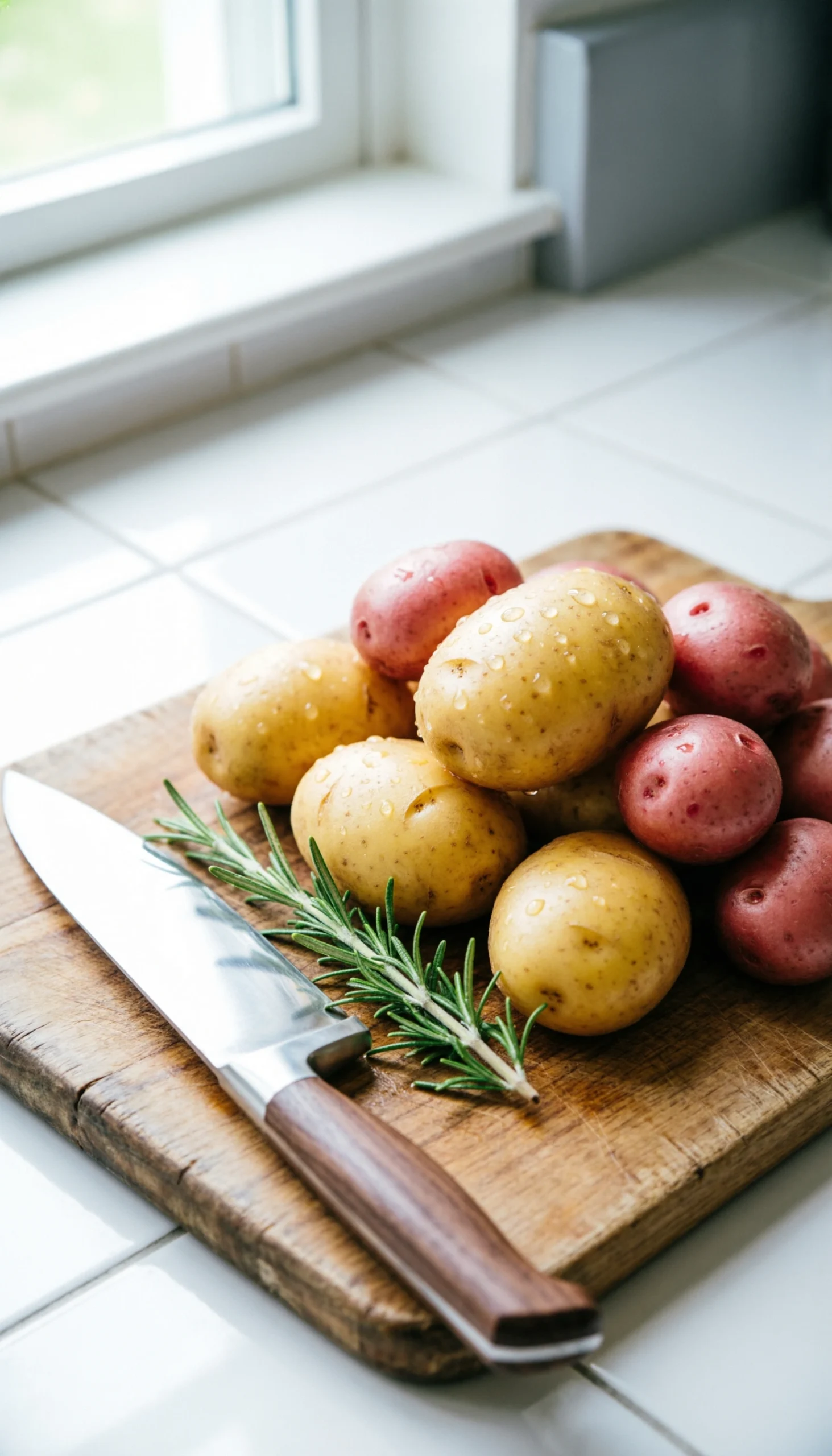 Raw Yukon Gold and baby red potatoes with water drops on a rustic wooden board with fresh rosemary sprigs.