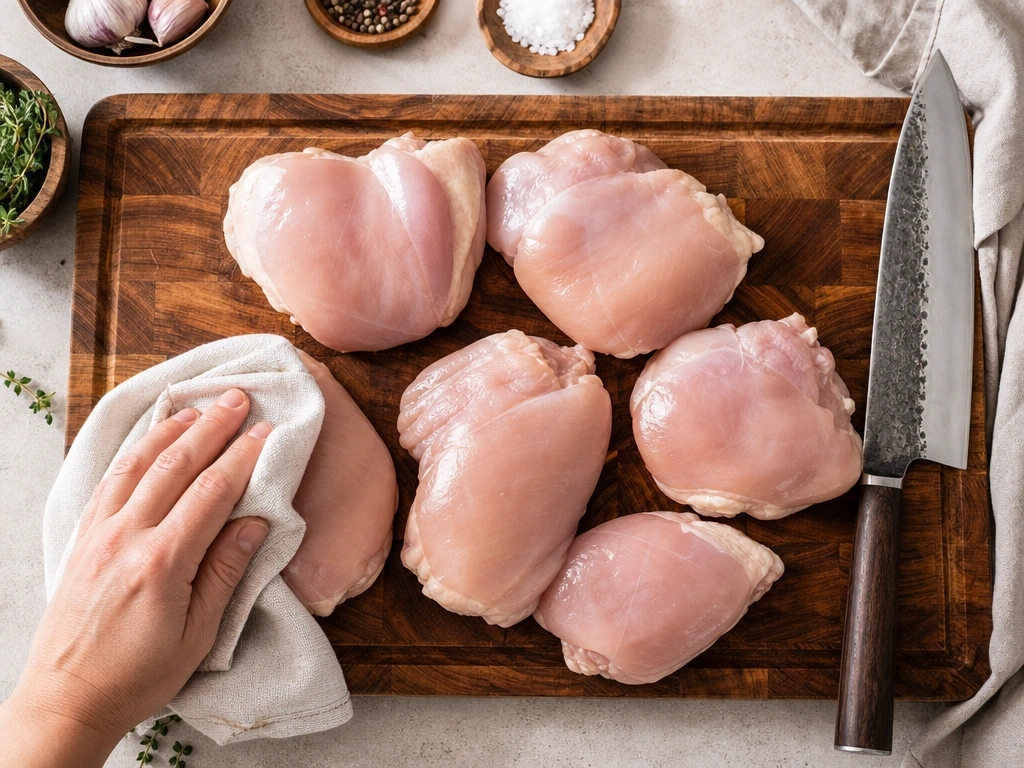 Raw boneless chicken thighs being prepped on a wooden butcher block cutting board for a healthy meal.