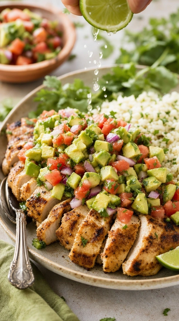 Raw chicken breasts marinating in a fresh green cilantro lime mixture on a rustic wooden table with sliced lime halves.