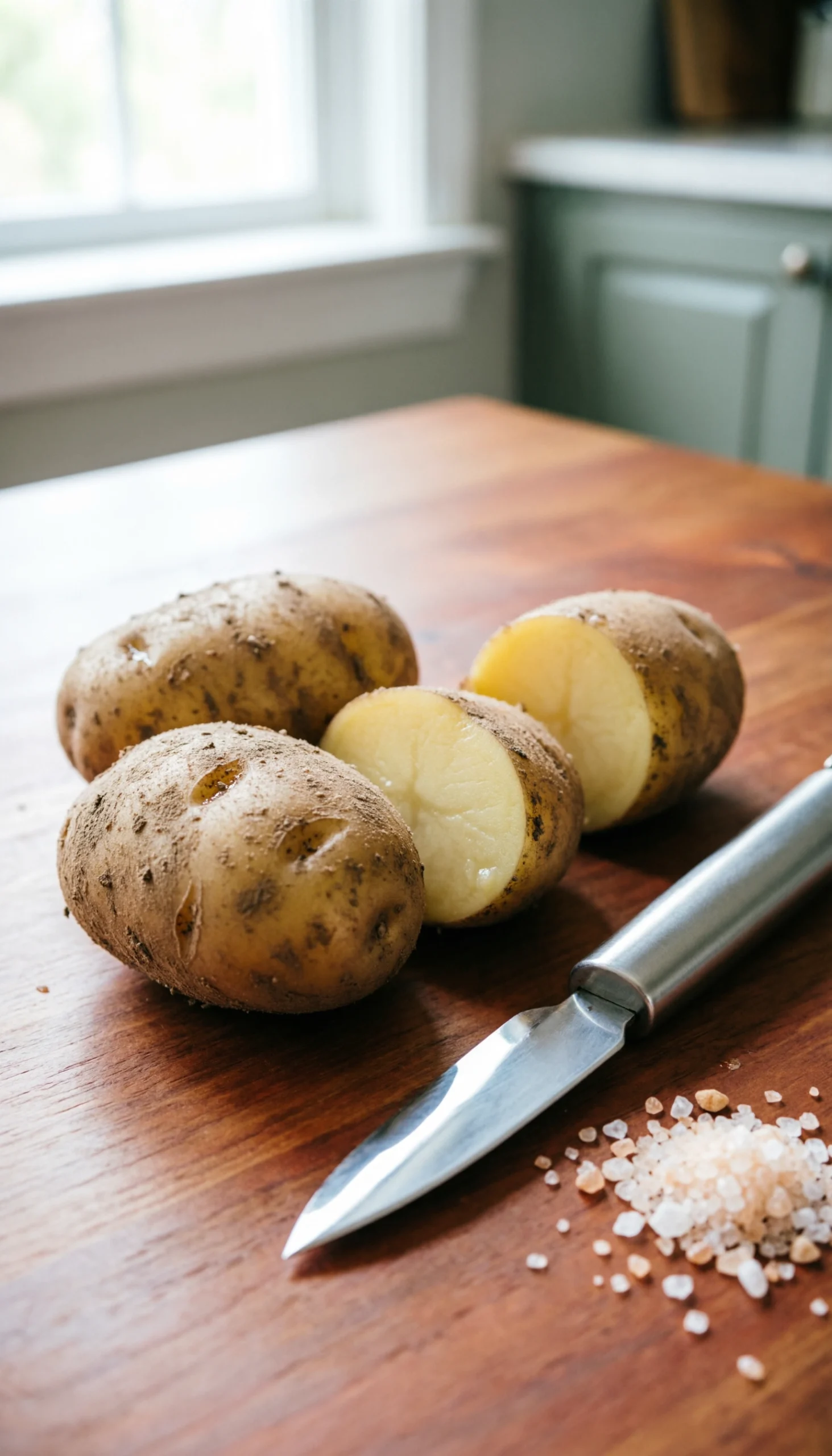 Raw peeled Russet potatoes prepped on a rustic wooden table next to a stainless steel pot of water and a peeler.
