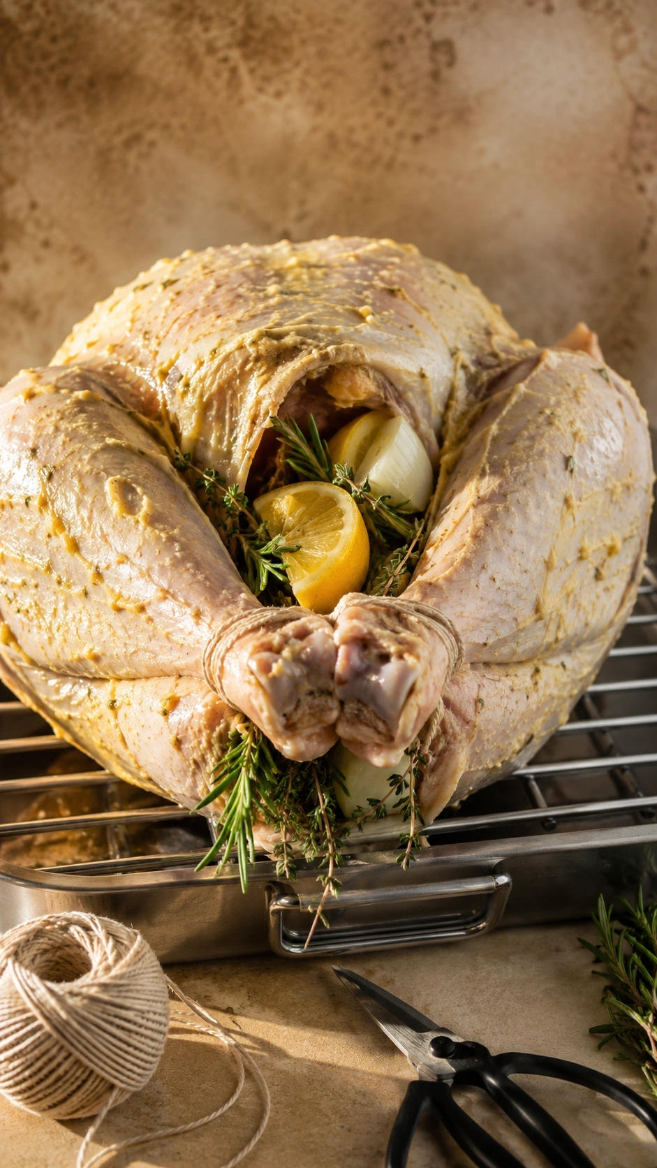 Raw turkey stuffed with lemons, onions, and rosemary sprigs with legs tied by kitchen twine on a stainless steel rack.
