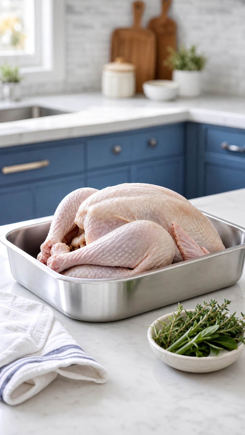 Raw whole Thanksgiving turkey in a professional stainless steel container on a white marble kitchen countertop.