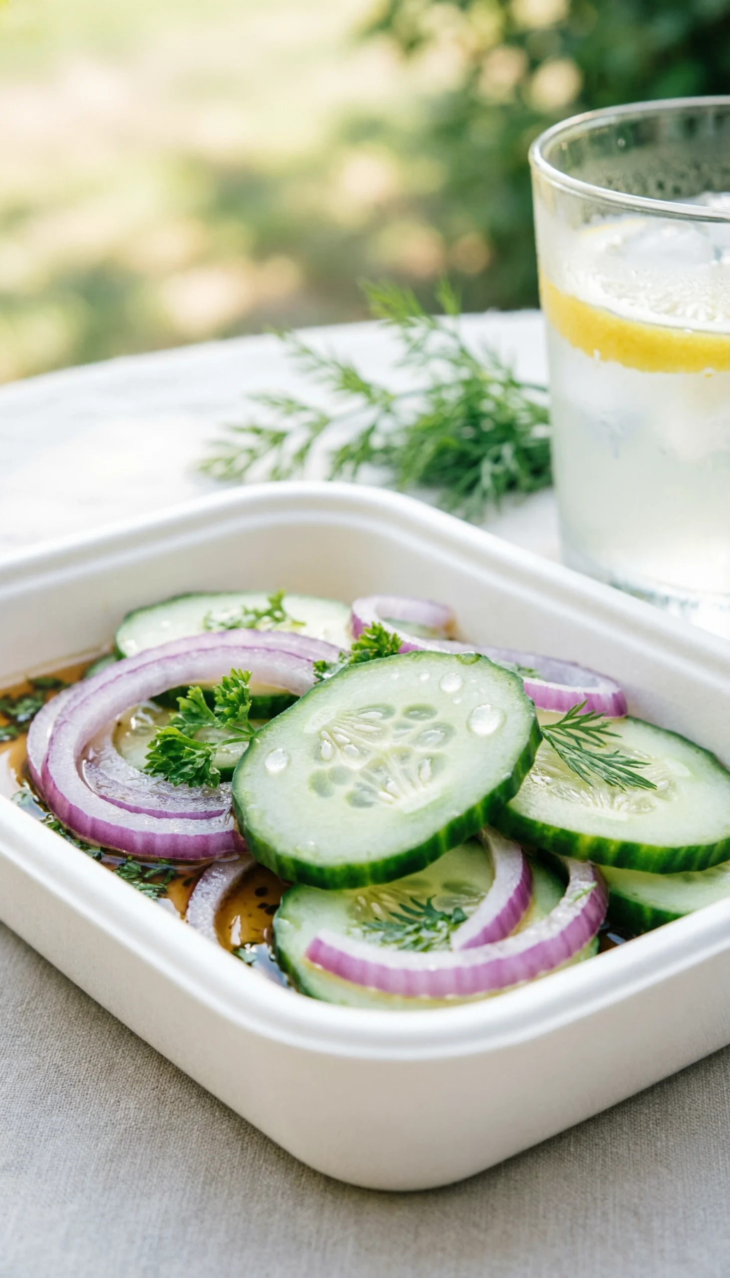 Refreshing cucumber and red onion salad with fresh dill in an airtight container on a white linen tablecloth.