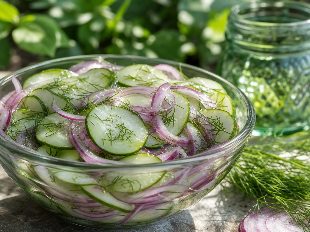 Refreshing cucumber onion salad with green cucumbers, red onions, and fresh dill in a glass bowl on a stone surface outdoors.