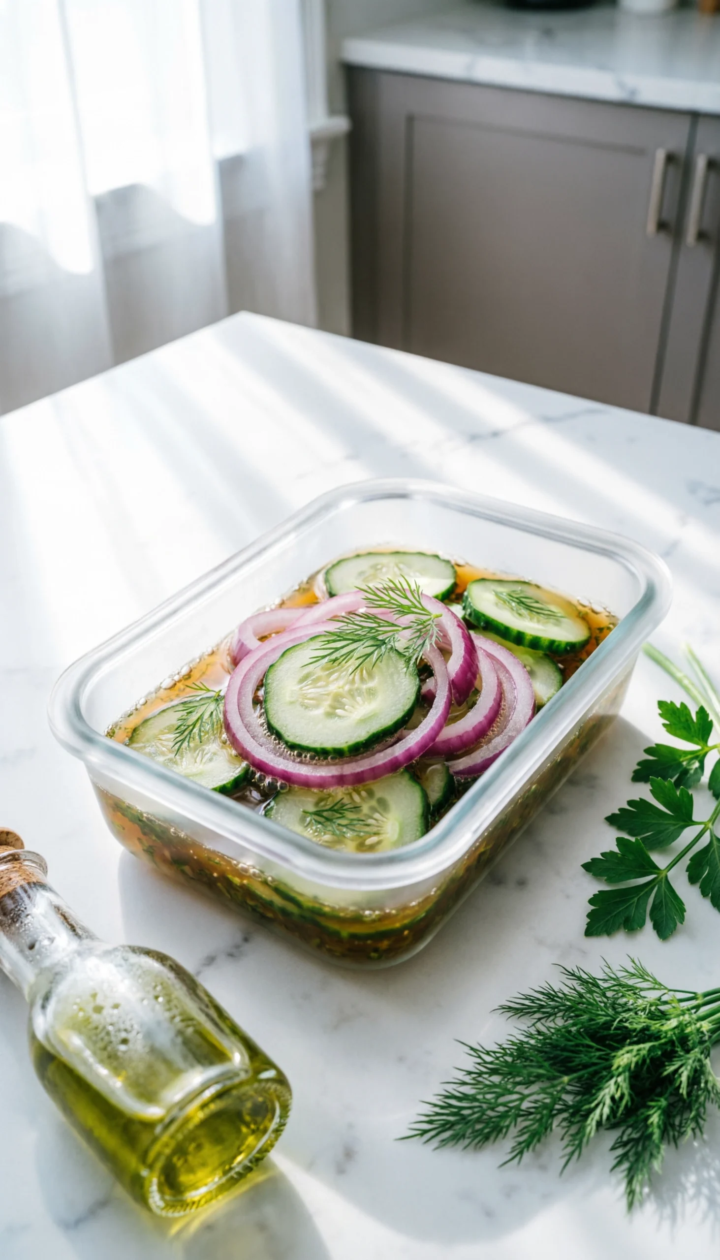 Refreshing marinated cucumber and red onion salad in a clear glass container on a white marble kitchen countertop.
