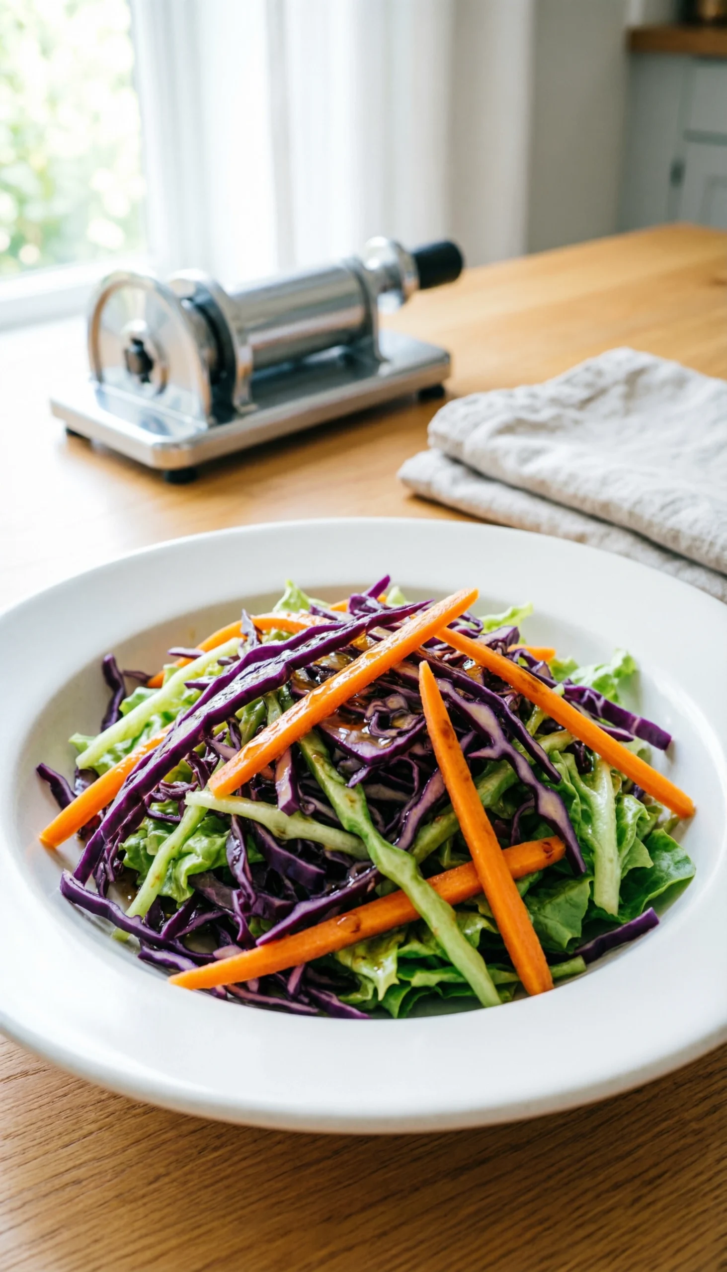 Refreshing no-mayo vinegar coleslaw with green and purple cabbage and carrots in a modern white ceramic bowl.