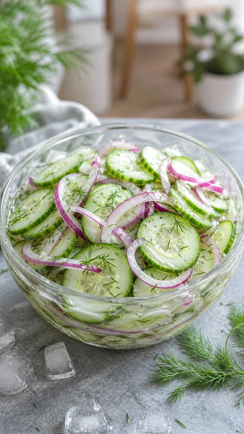 Refreshing sliced cucumber and red onion salad with fresh dill in a light vinaigrette dressing on a stone surface.
