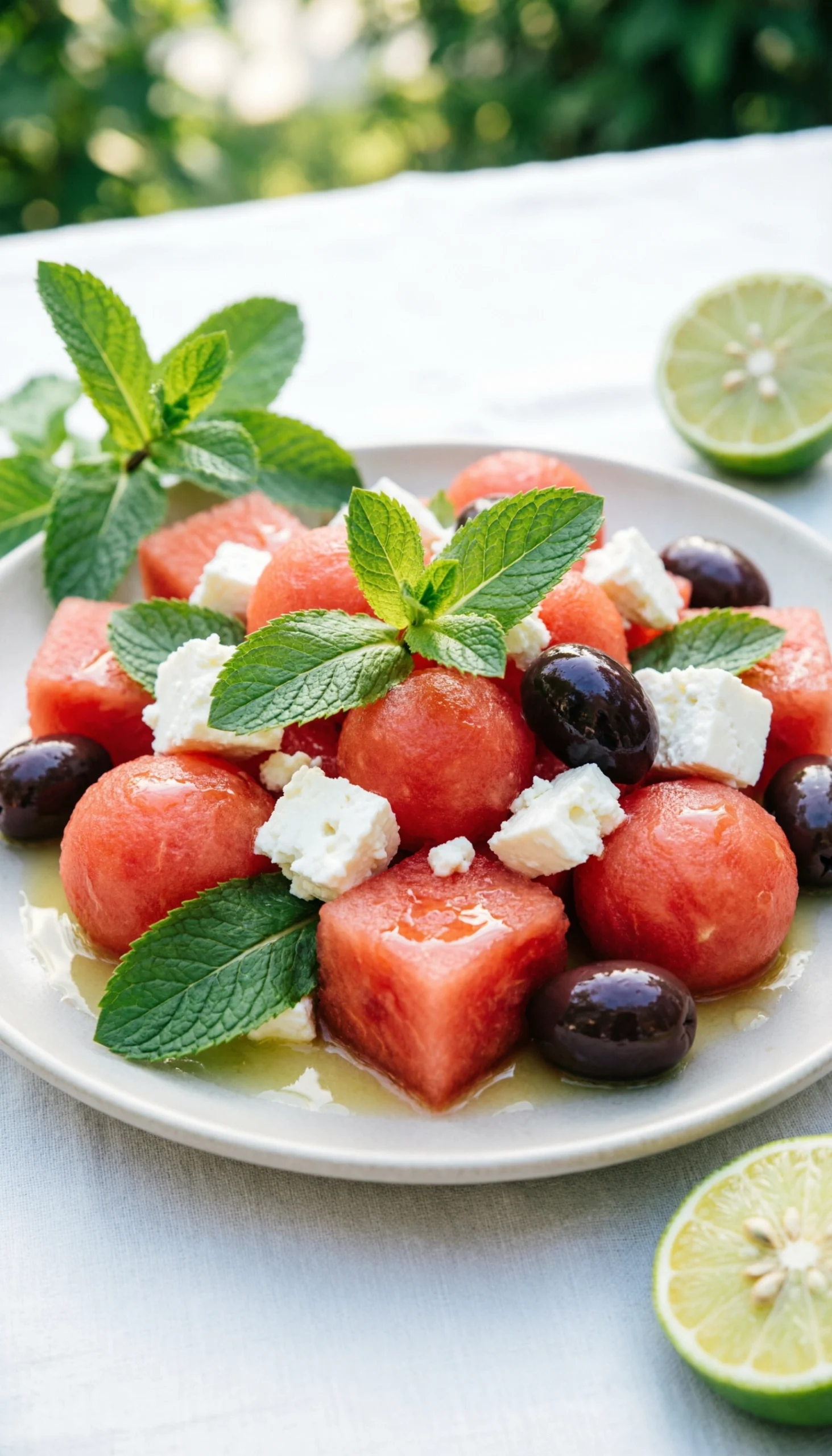 Refreshing summer watermelon salad with crumbled feta cheese, fresh mint leaves, and black olives on white linen.