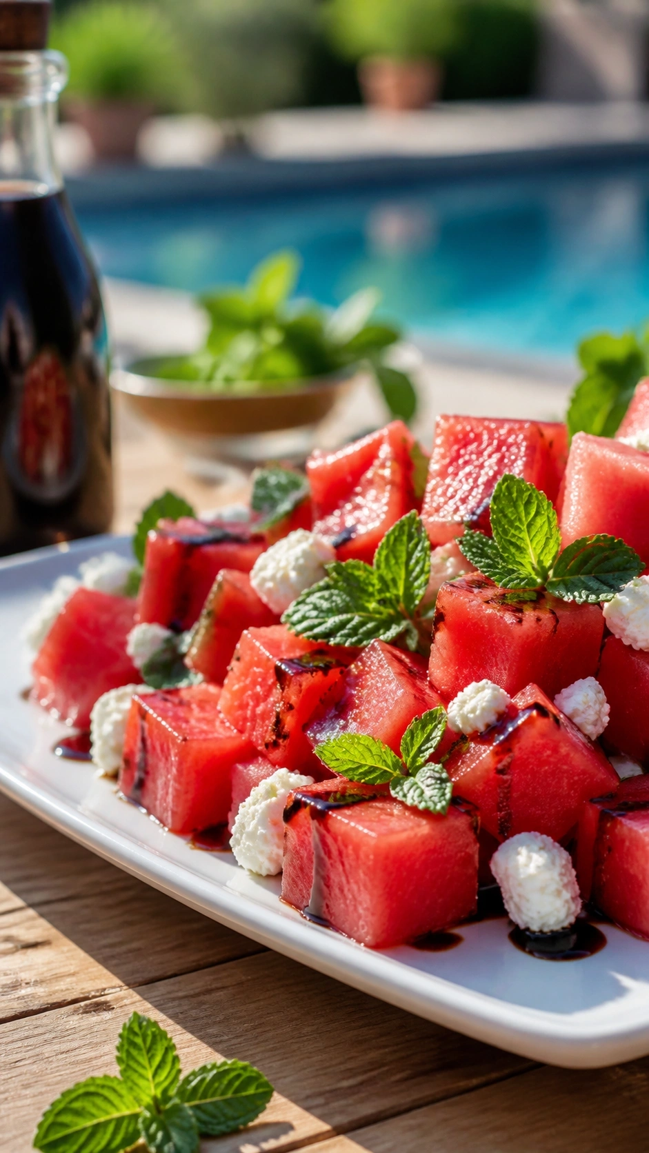 Refreshing watermelon feta mint salad with balsamic glaze drizzle on a white ceramic platter for a summer outdoor picnic.