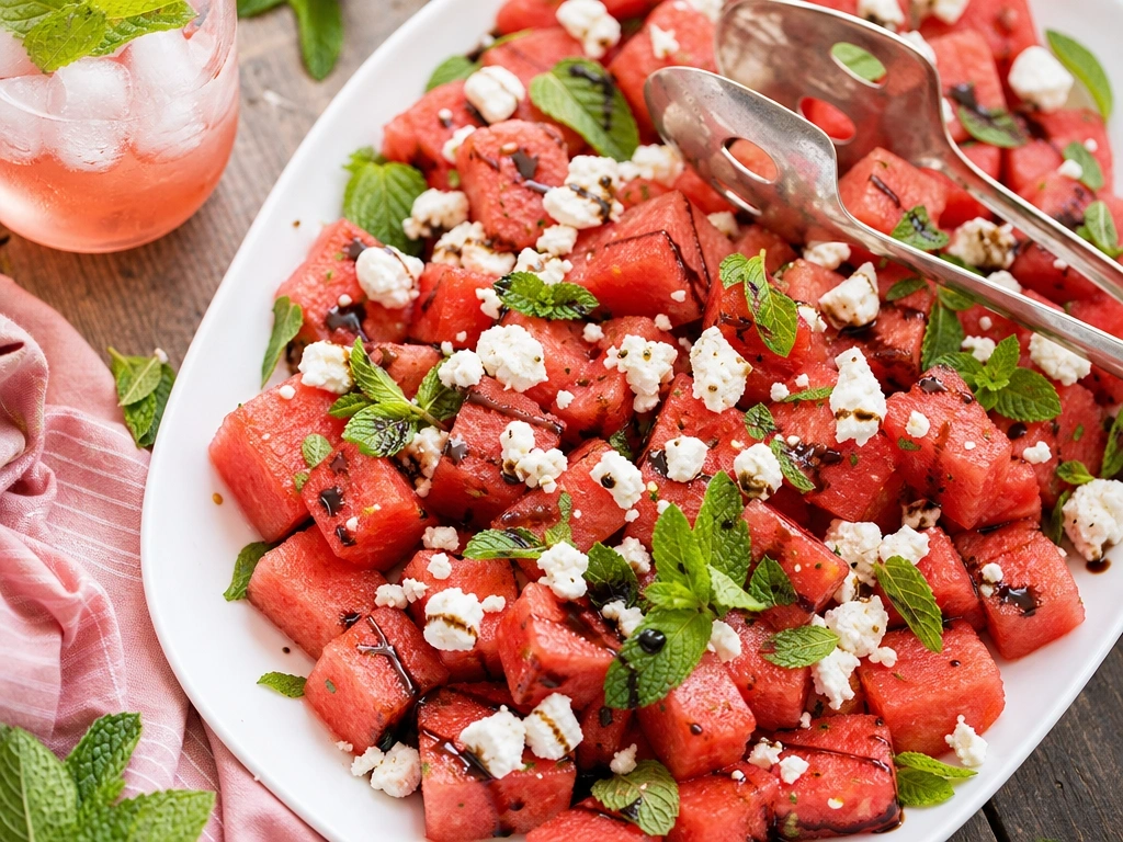 Refreshing watermelon feta salad with fresh mint and balsamic glaze on a white platter at an outdoor picnic.