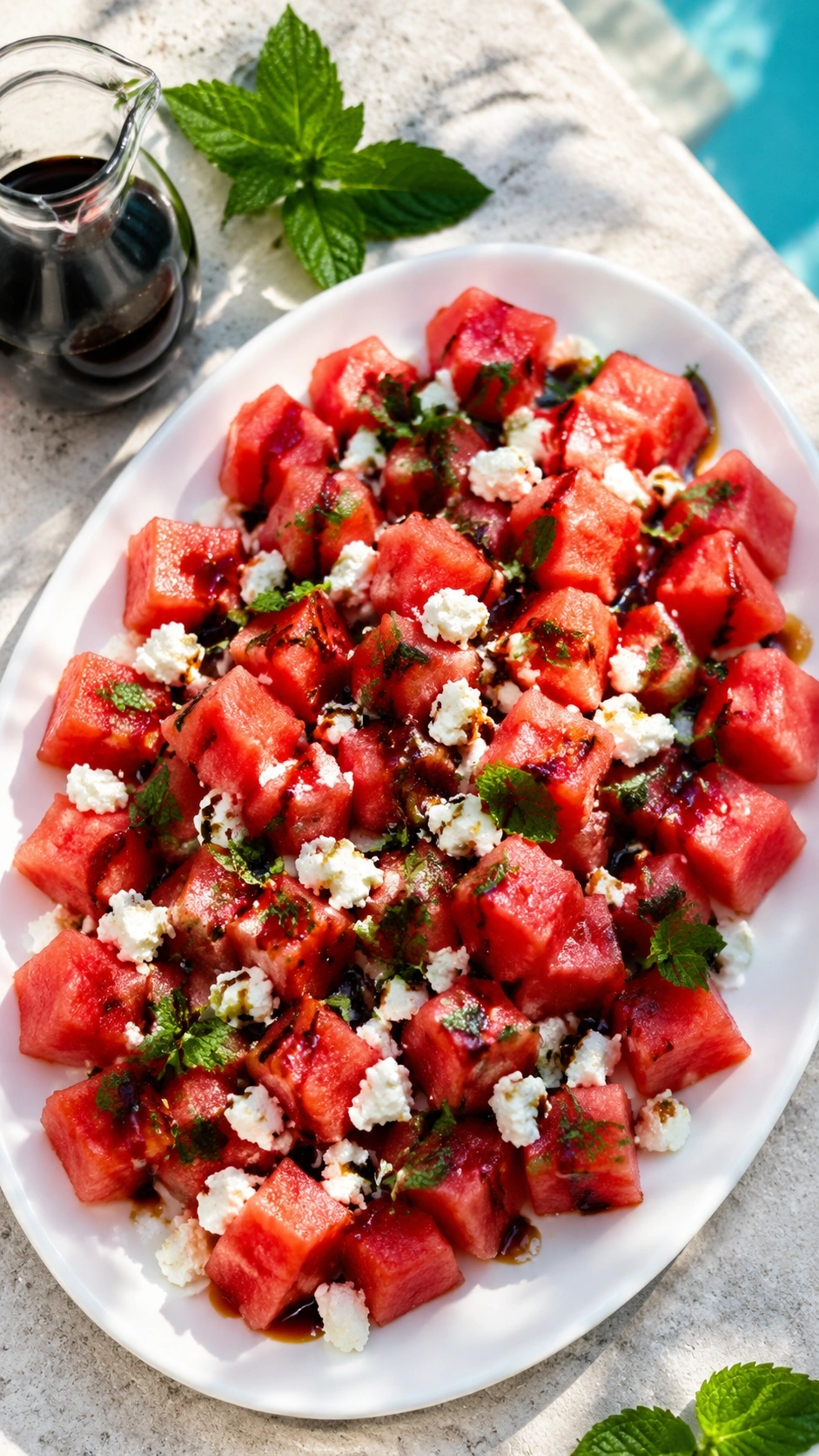 Refreshing watermelon feta salad with fresh mint and balsamic glaze on a white platter by a sunny pool.